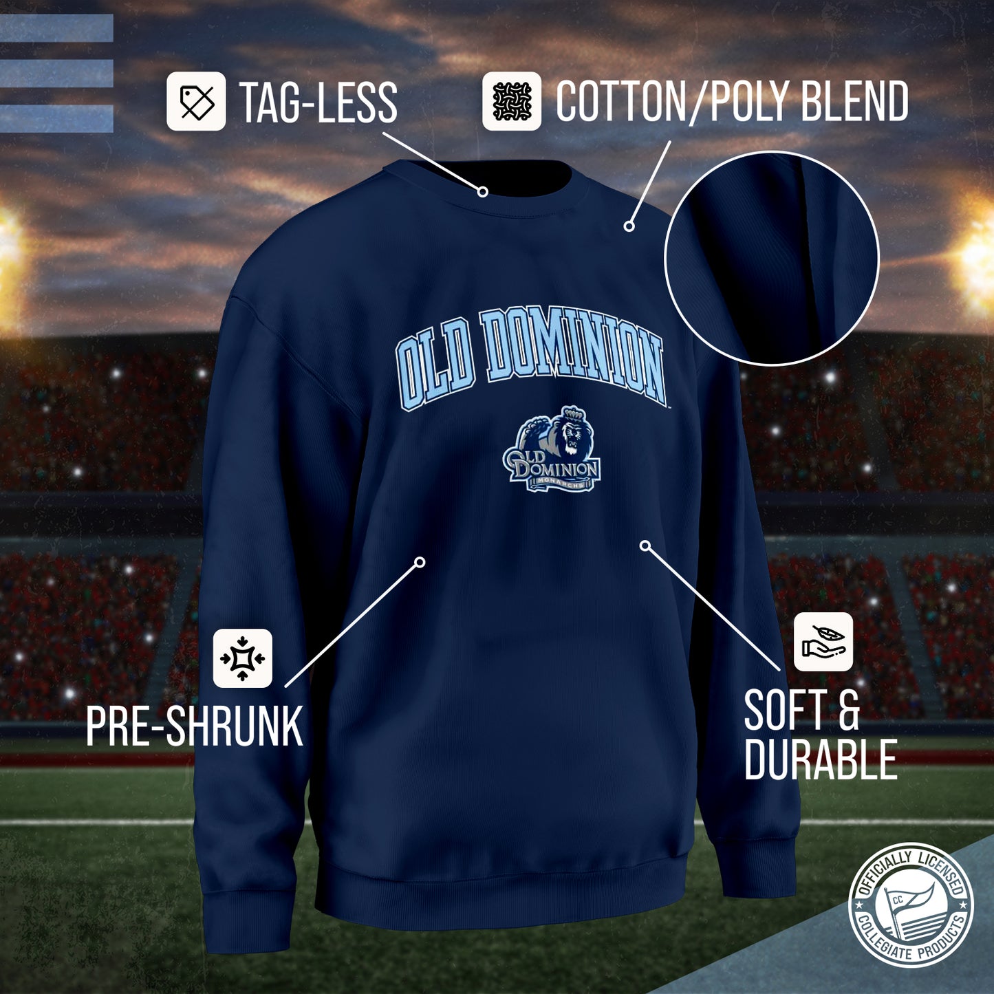 Old Dominion Monarchs Adult Arch & Logo Soft Style Gameday Crewneck Sweatshirt - Navy