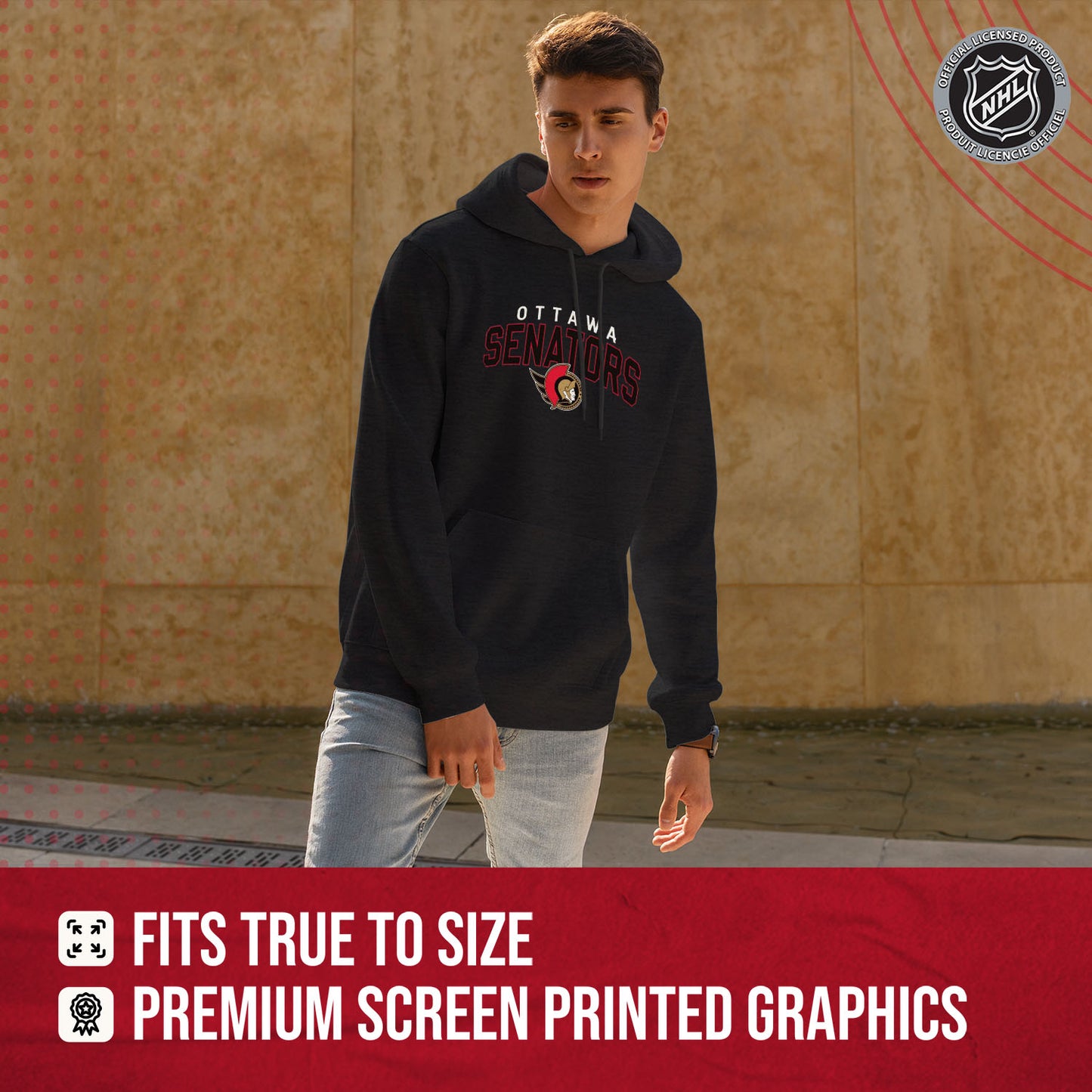 Ottawa Senators NHL Adult Unisex Powerplay Hooded Sweatshirt - Black Heather