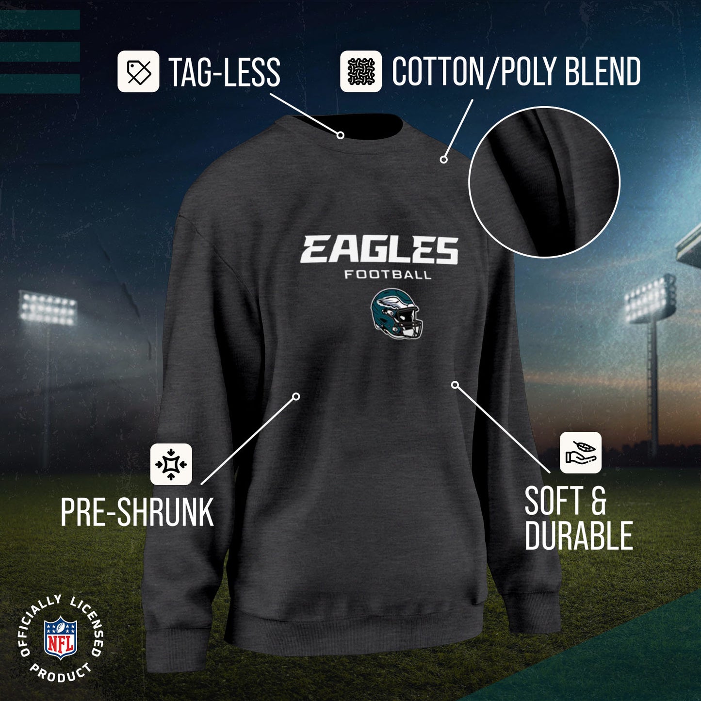 Philadelphia Eagles Women's NFL Football Helmet Charcoal Slouchy Crewneck -Tagless Lightweight Pullover - Charcoal