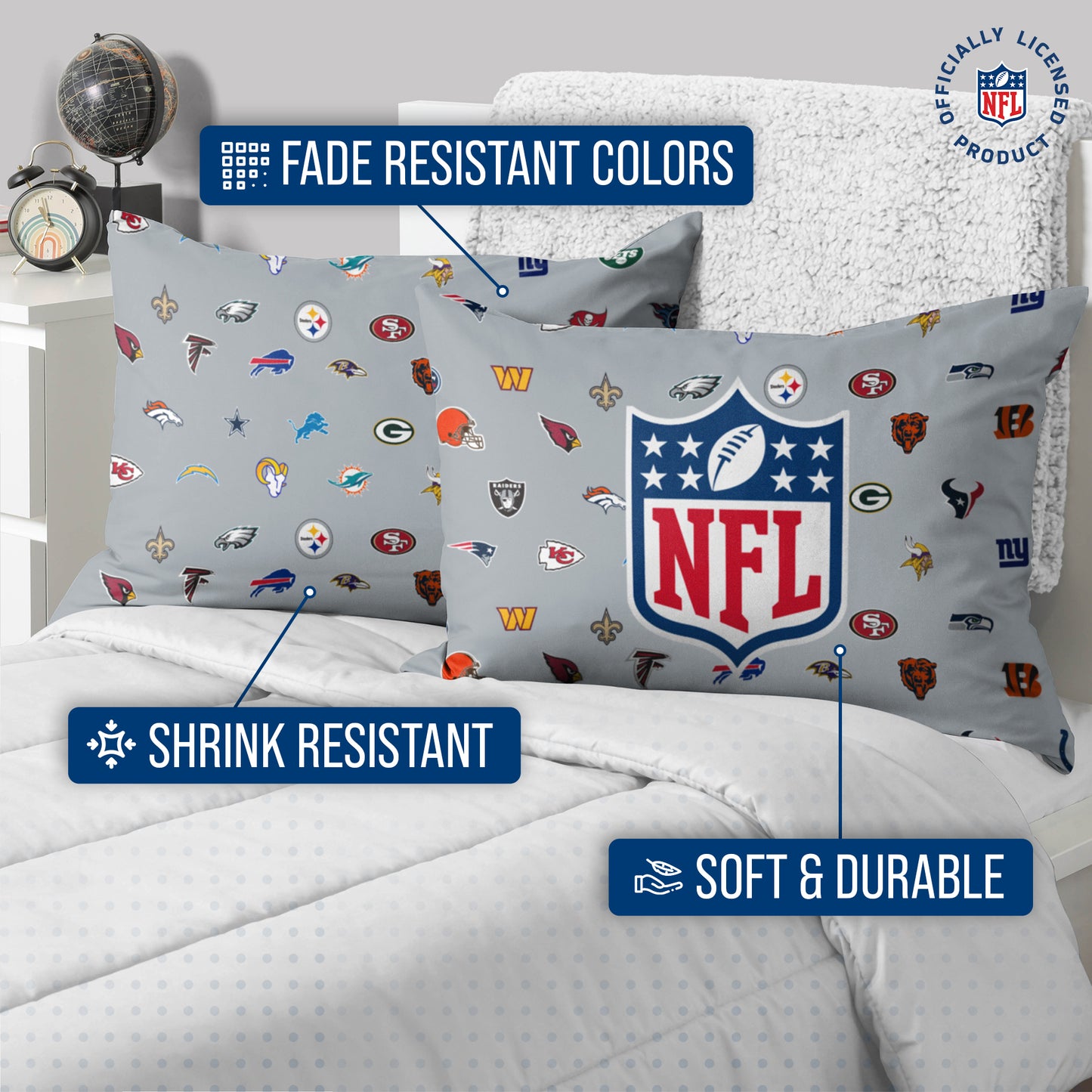 NFL Repeating Team Logo Pillowcase 2 Pack- Standard Size -Officially Licensed Bedding- Football Pride! - Team Color