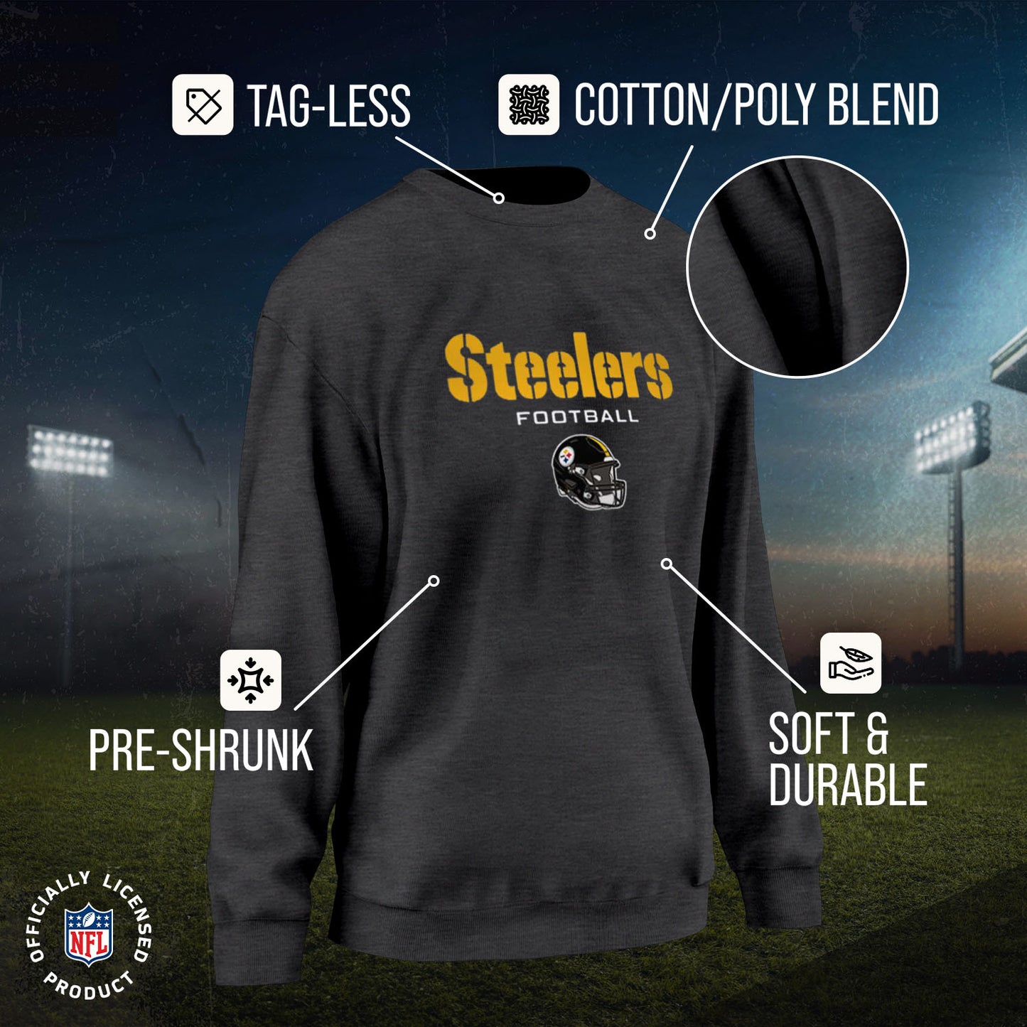 Pittsburgh Steelers Women's NFL Football Helmet Charcoal Slouchy Crewneck -Tagless Lightweight Pullover - Charcoal