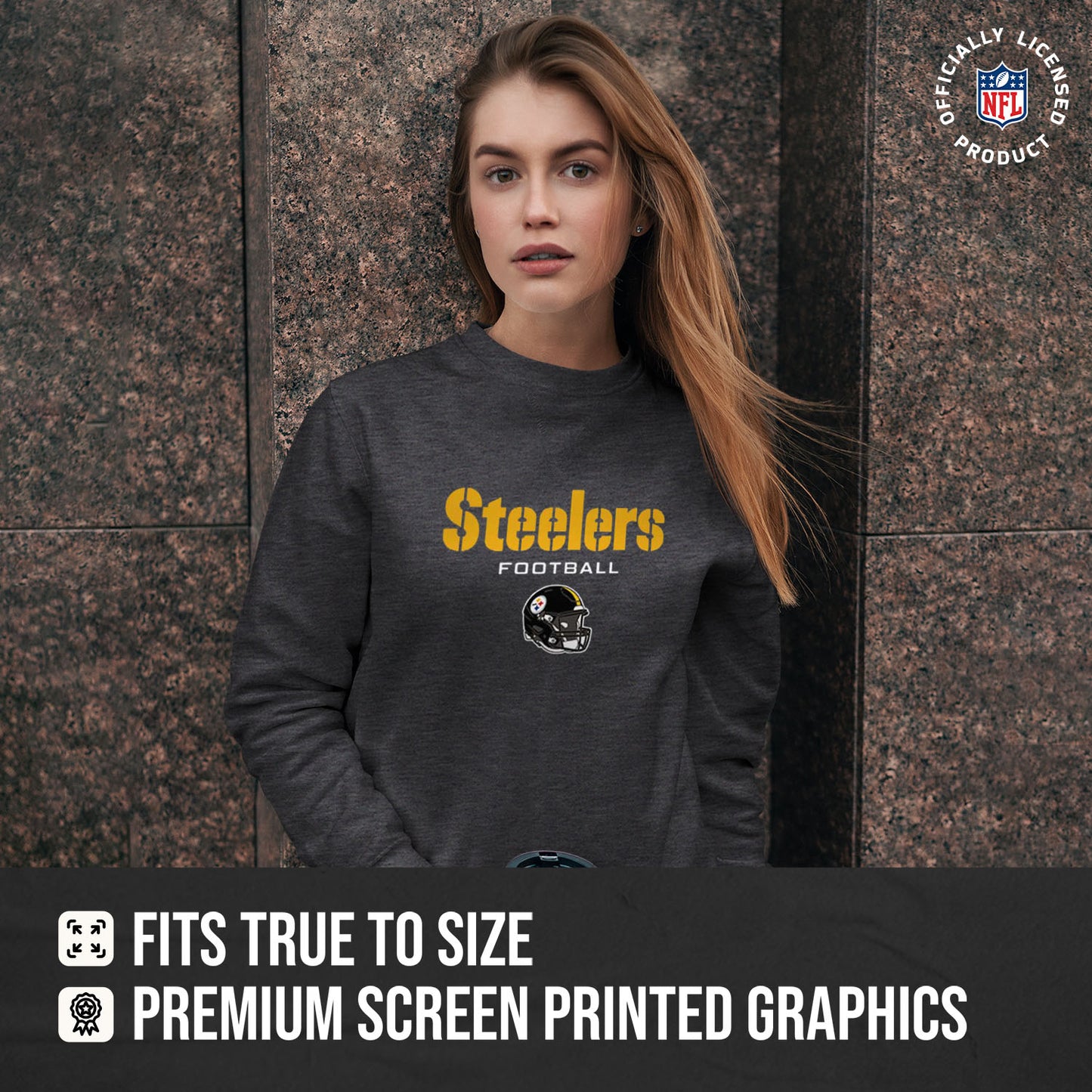 Pittsburgh Steelers Women's NFL Football Helmet Charcoal Slouchy Crewneck -Tagless Lightweight Pullover - Charcoal