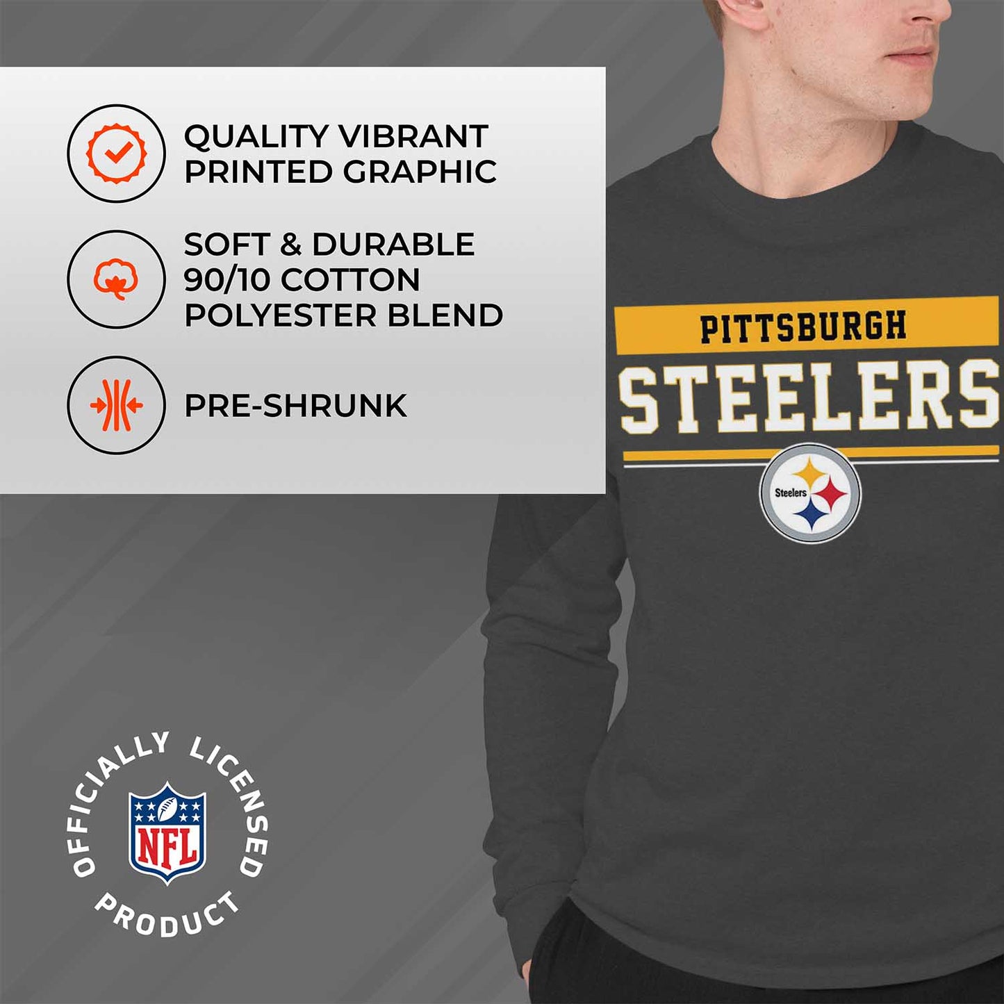 Pittsburgh Steelers NFL Adult Charcoal Long Sleeve T Shirt - Charcoal