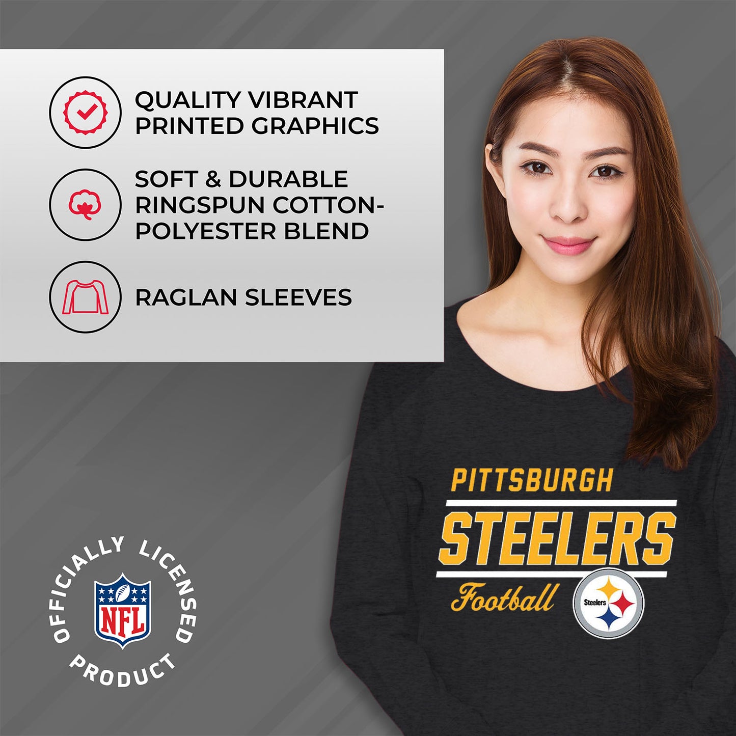 Pittsburgh Steelers NFL Womens Crew Neck Light Weight - Charcoal