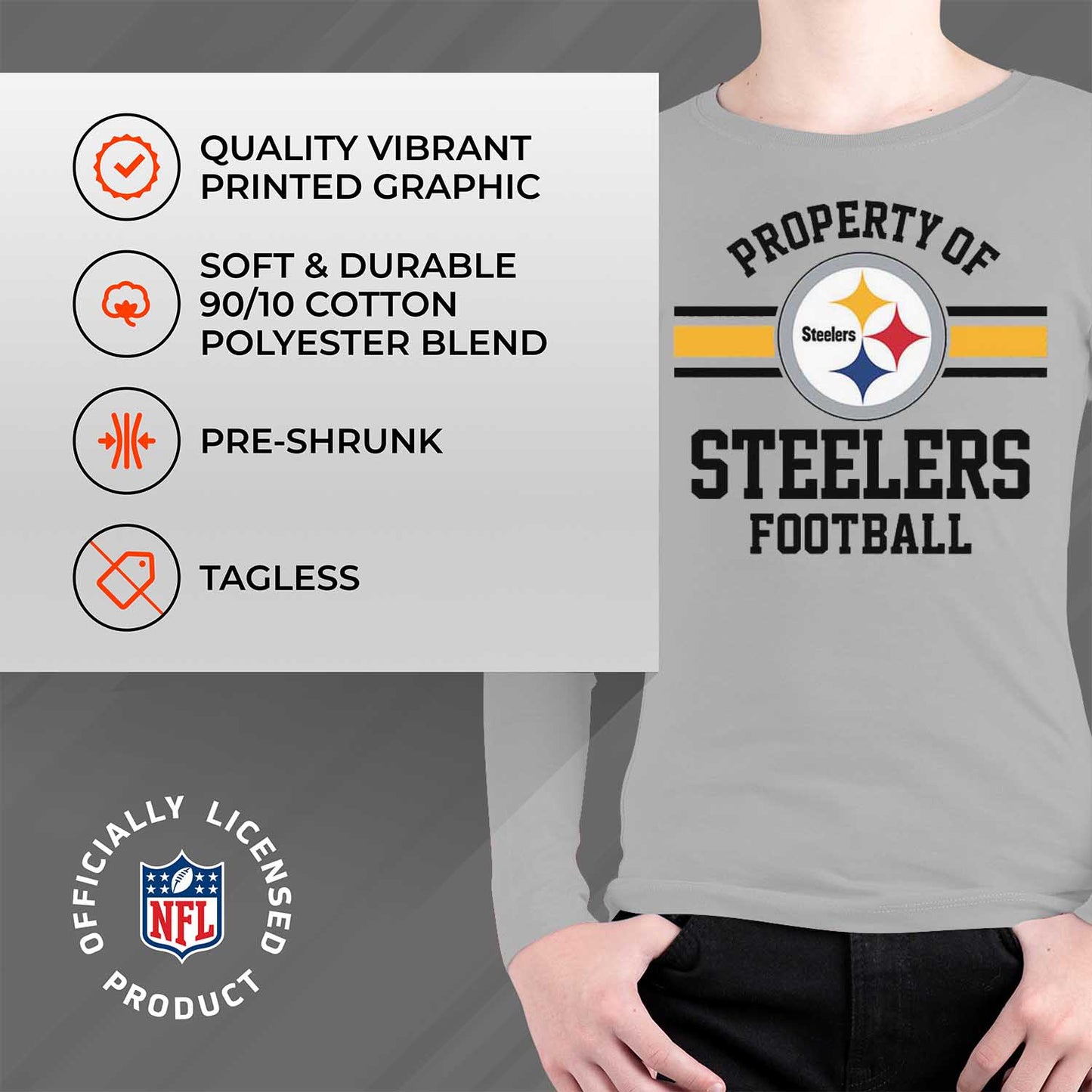 Pittsburgh Steelers NFL Youth Property Of Long Sleeve Lightweight T Shirt - Sport Gray