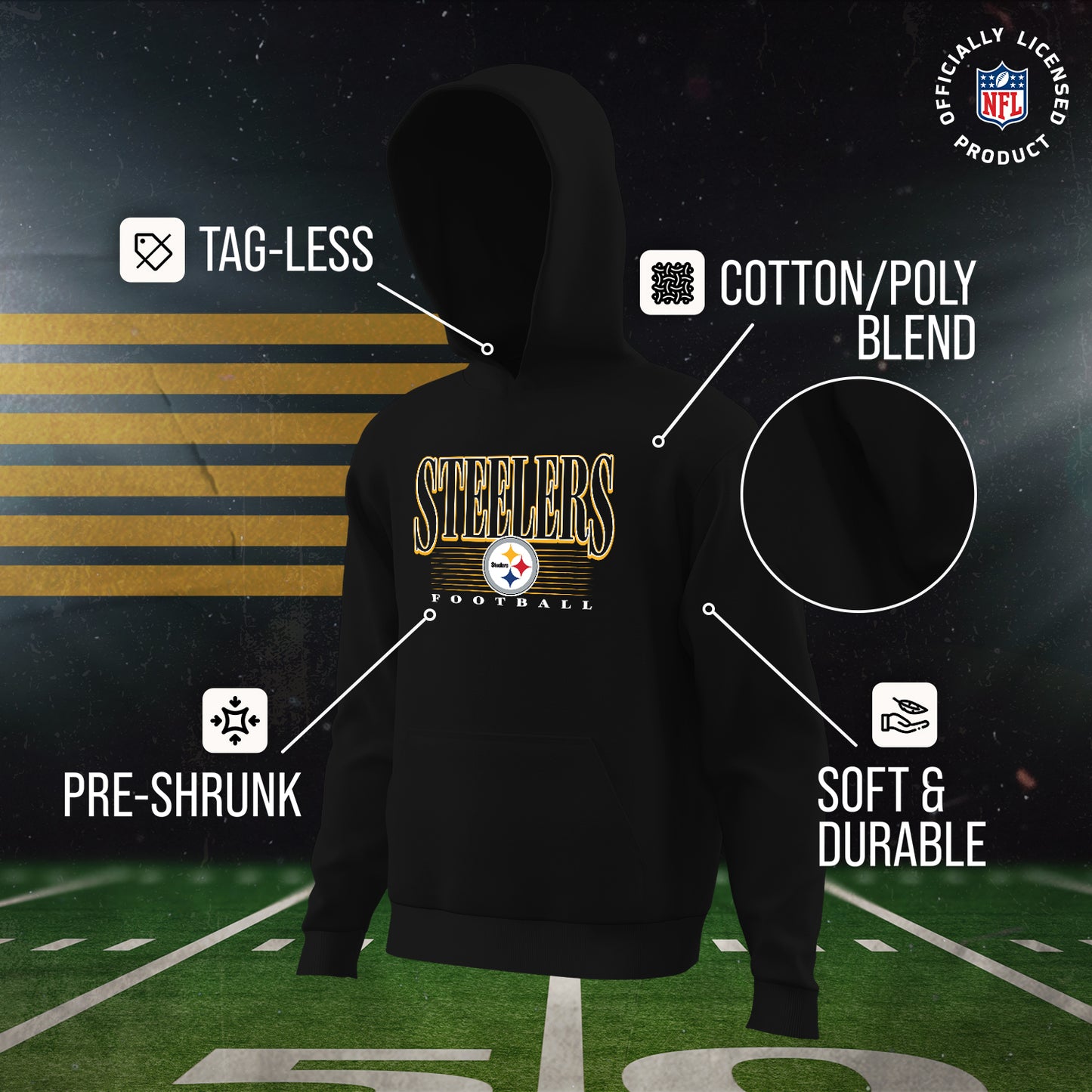 Pittsburgh Steelers NFL Youth Overtime Blueprint Football Fleece Hooded Sweatshirt - Black