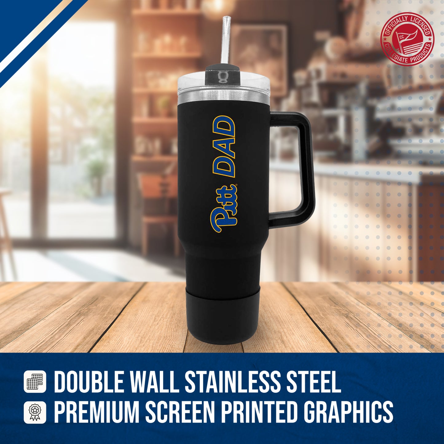 Pitt Panthers Collegiate 40oz Stainless Steel Travel Tumbler with Handle for Dad - Black