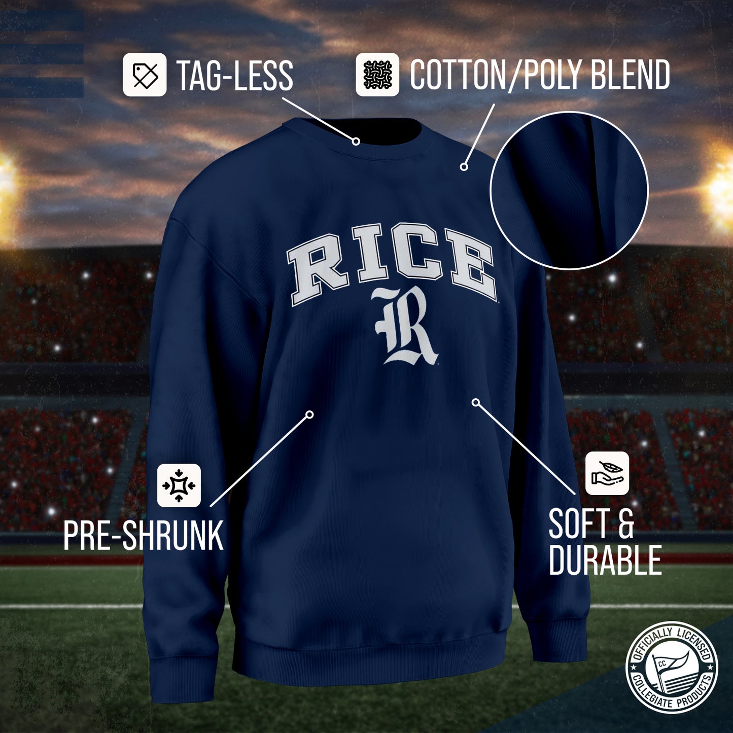 Rice Owls Adult Arch & Logo Soft Style Gameday Crewneck Sweatshirt - Navy