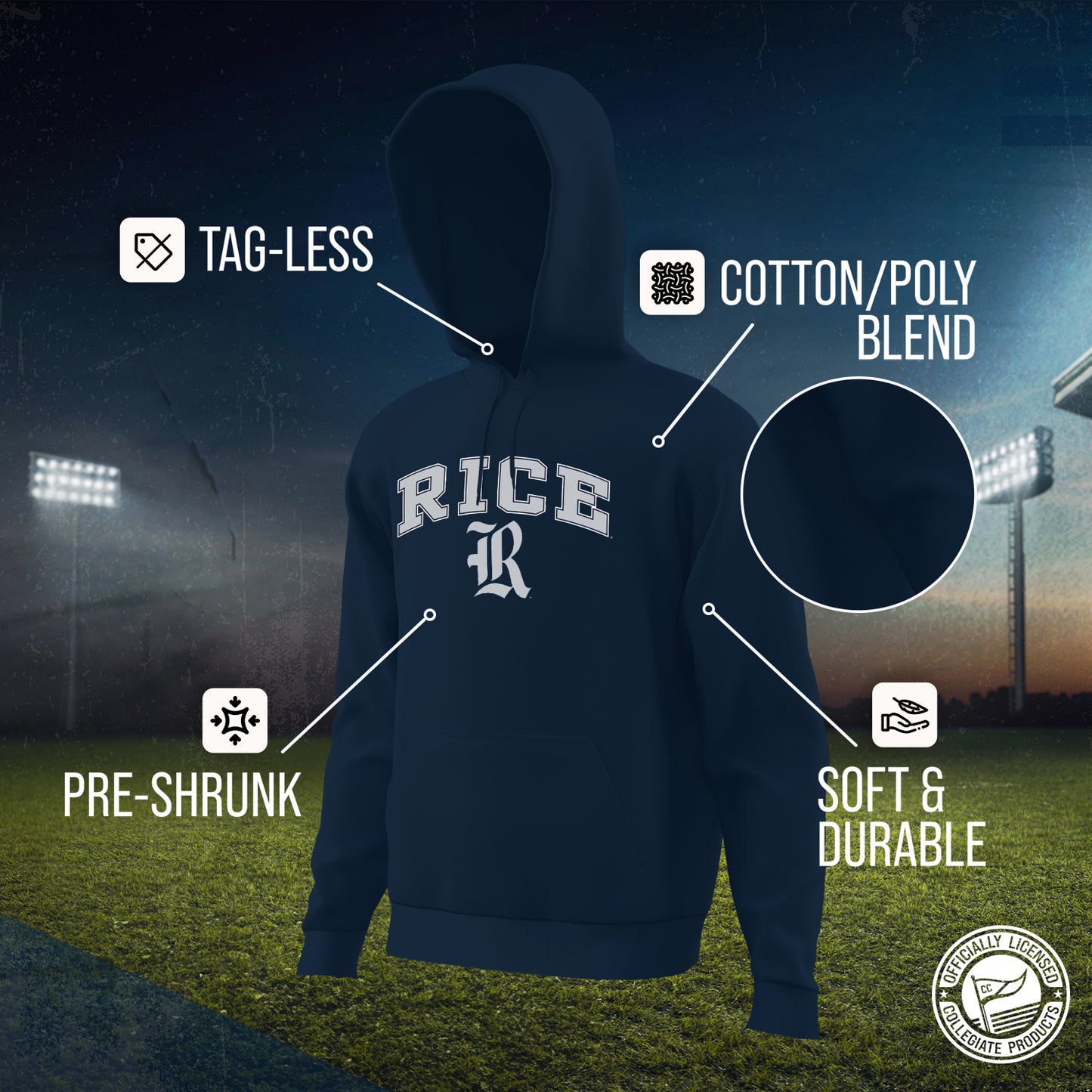 Rice Owls Adult Arch & Logo Soft Style Gameday Hooded Sweatshirt - Navy
