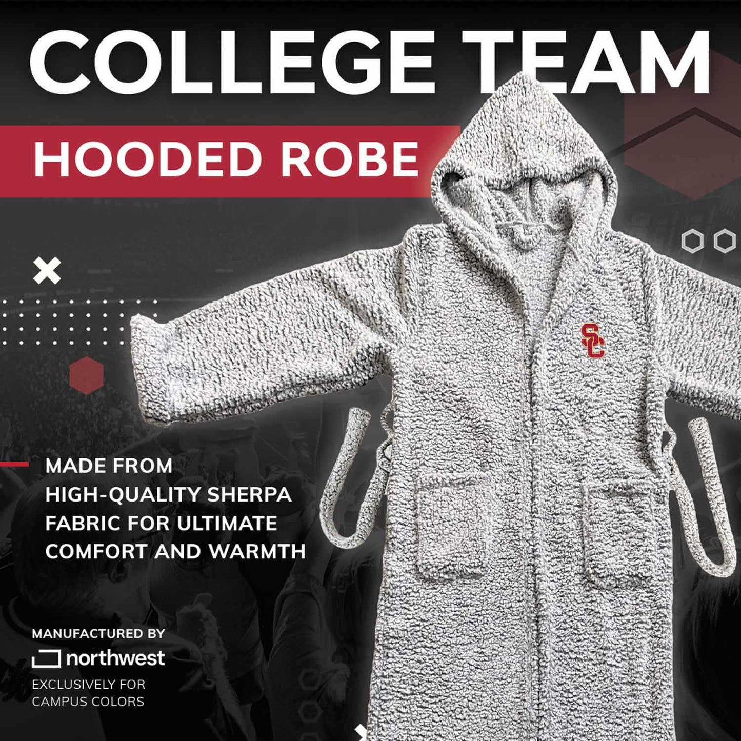 USC Trojans NCAA Adult Plush Hooded Robe with Pockets - Gray