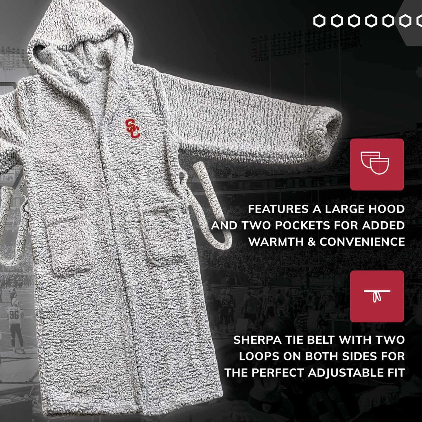 USC Trojans NCAA Adult Plush Hooded Robe with Pockets - Gray