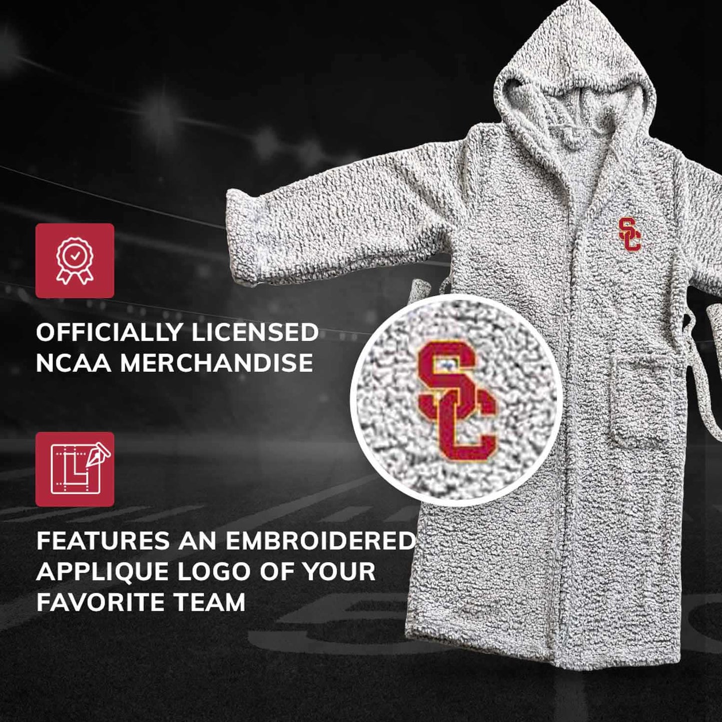 USC Trojans NCAA Adult Plush Hooded Robe with Pockets - Gray