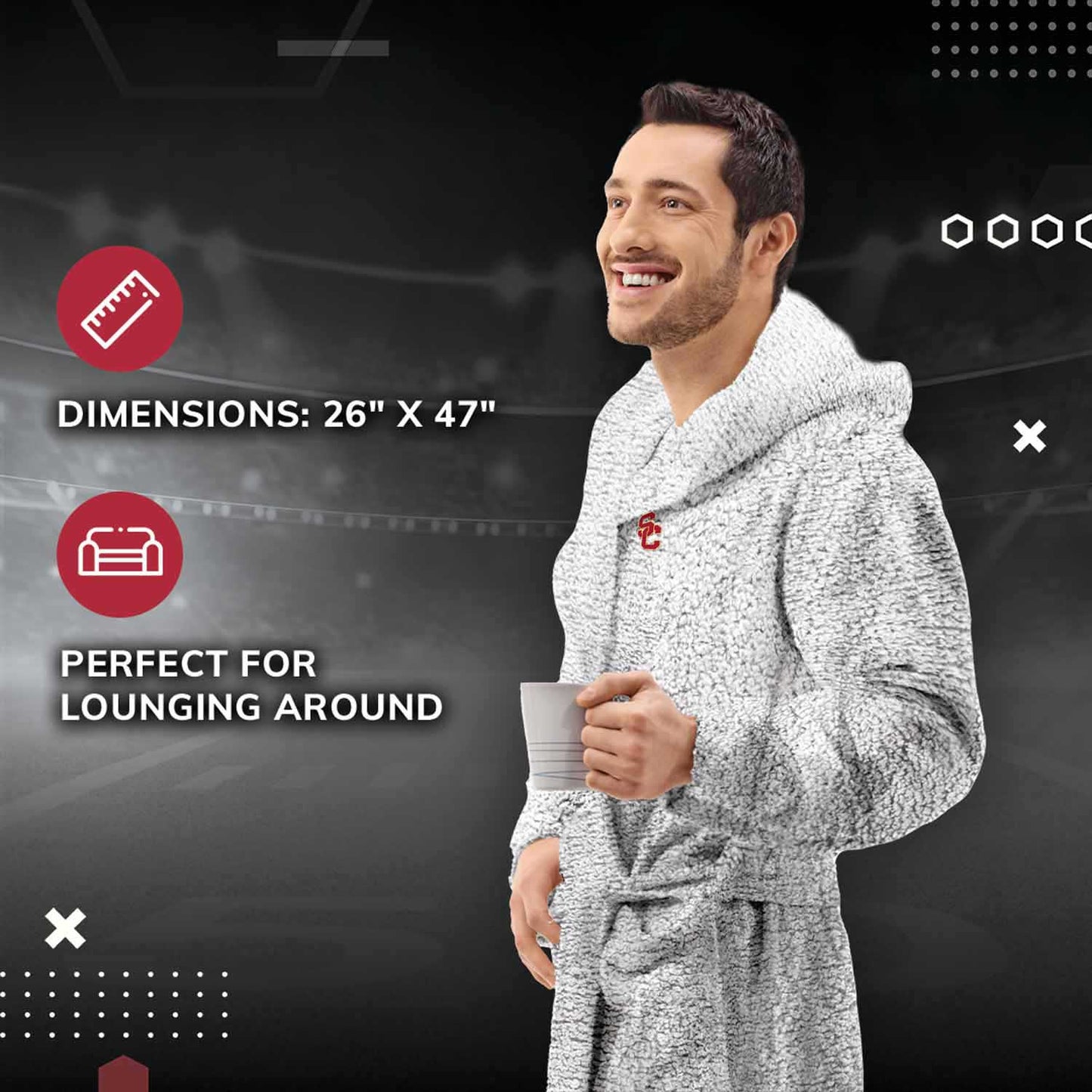 USC Trojans NCAA Adult Plush Hooded Robe with Pockets - Gray