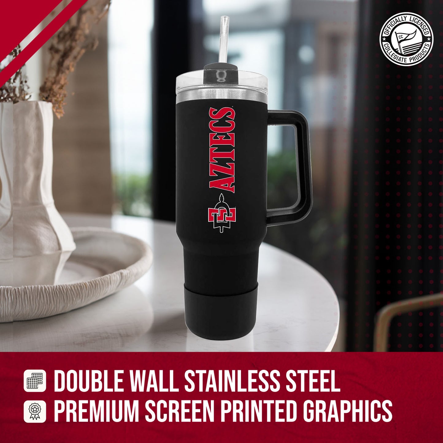 San Diego State Aztecs College & University 40 oz Travel Tumbler With Handle - Black