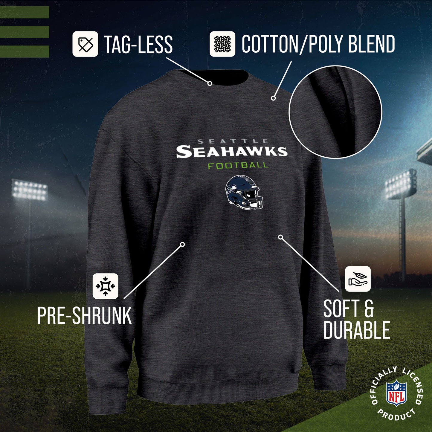 Seattle Seahawks Adult NFL Football Helmet Heather Crewneck Sweatshirt - Charcoal
