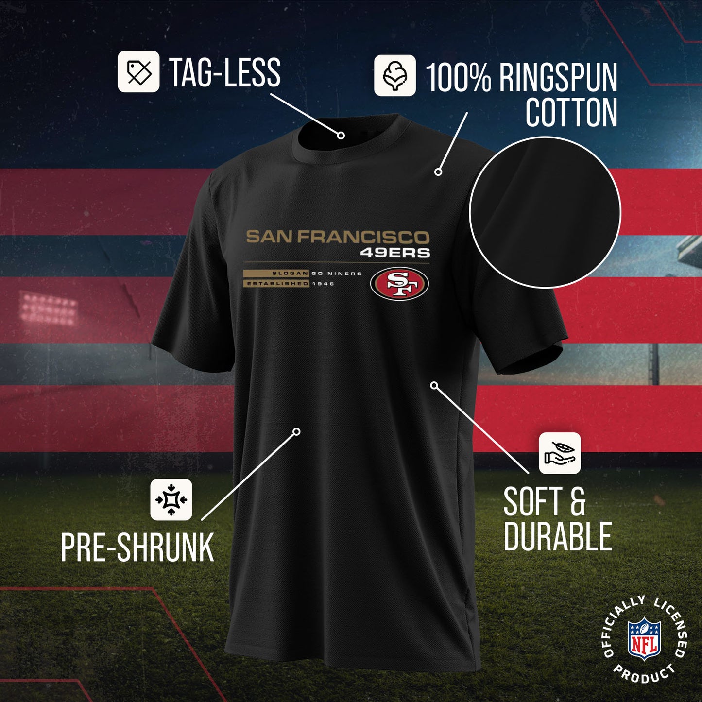 San Francisco 49ers Adult NFL Speed Stat Sheet T-Shirt - Black