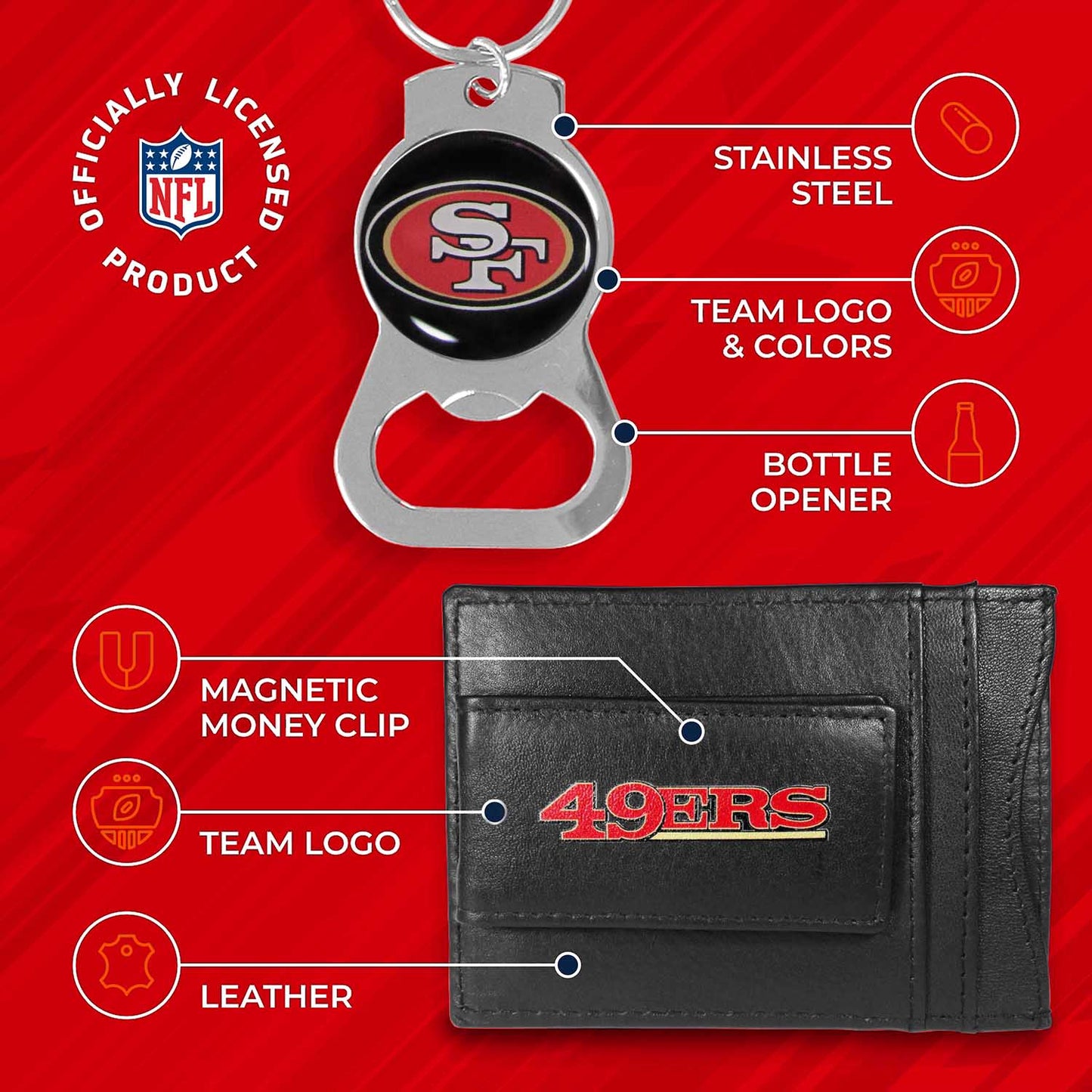 San Francisco 49ers NFL Bottle Opener Keychain Bundle - Black