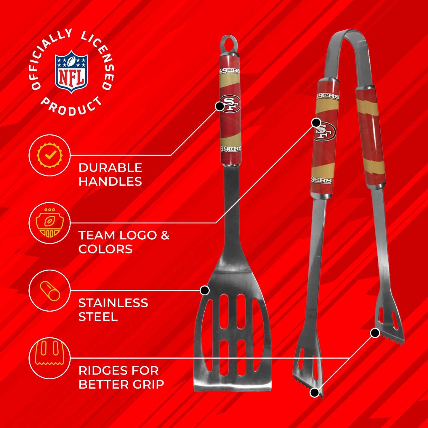 San Francisco 49ers NFL Two Piece Grilling Tools Set with 2 Magnet Chip Clips - Chrome