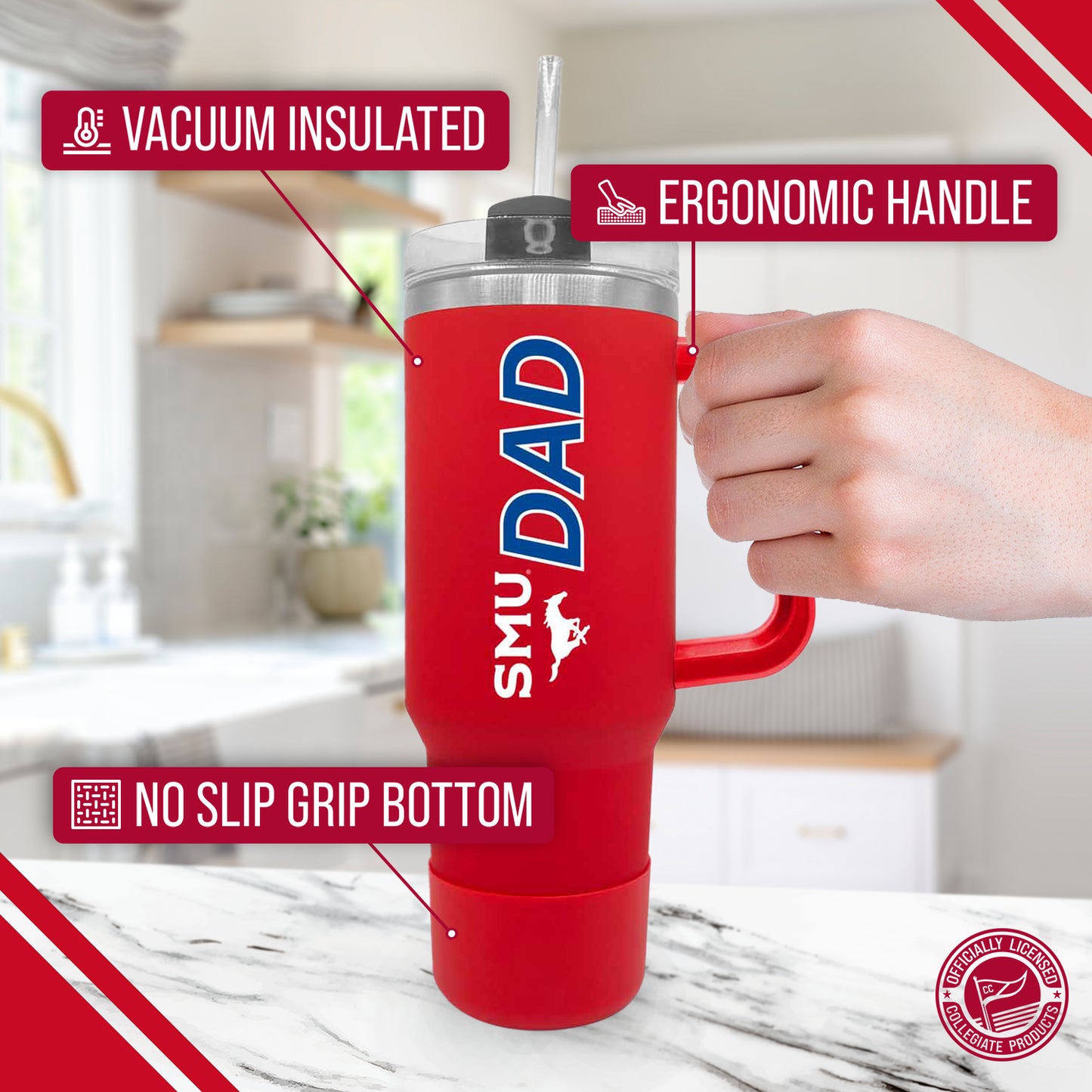 SMU Mustangs Collegiate 40oz Stainless Steel Travel Tumbler with Handle for Dad - Red