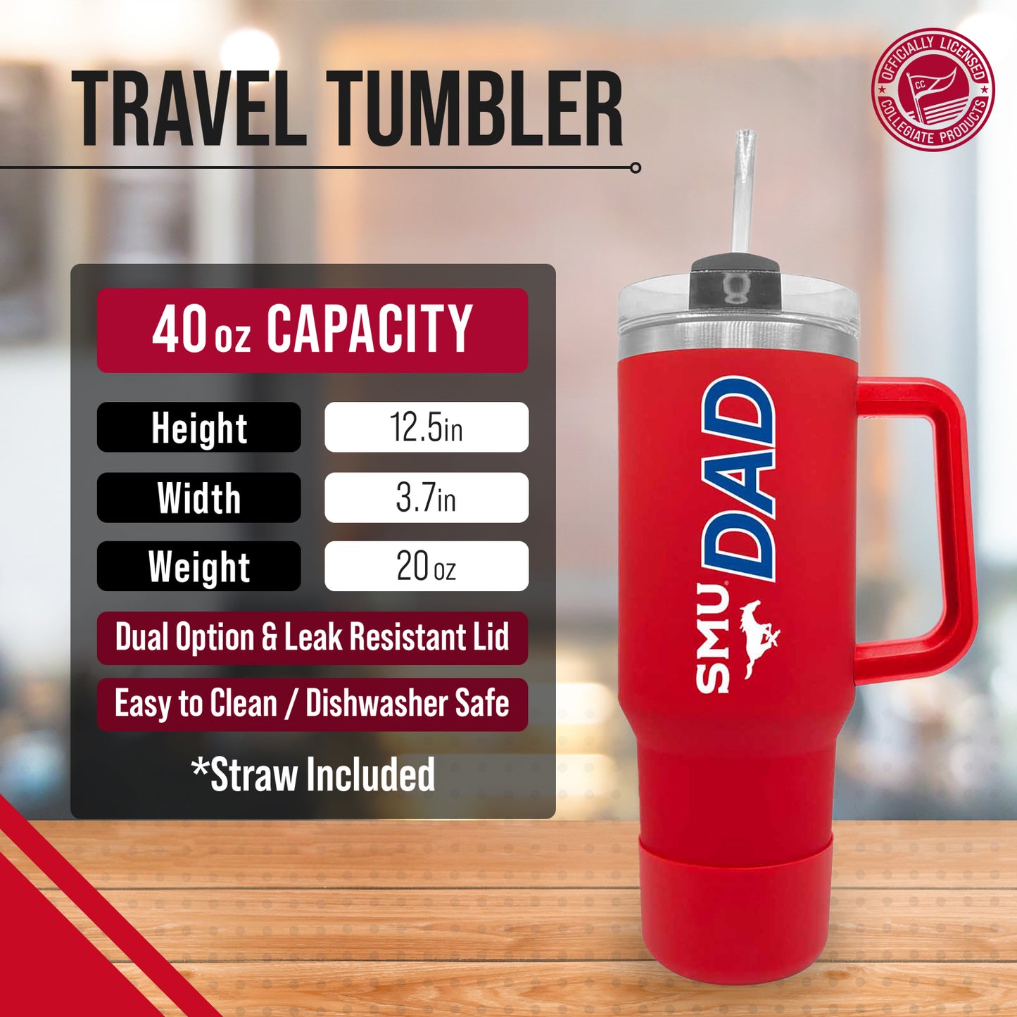 SMU Mustangs Collegiate 40oz Stainless Steel Travel Tumbler with Handle for Dad - Red