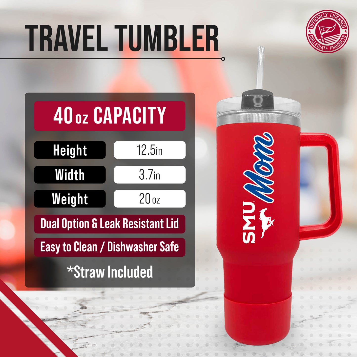 SMU Mustangs Collegiate 40oz Stainless Steel Travel Tumbler with Handle for Mom - Red