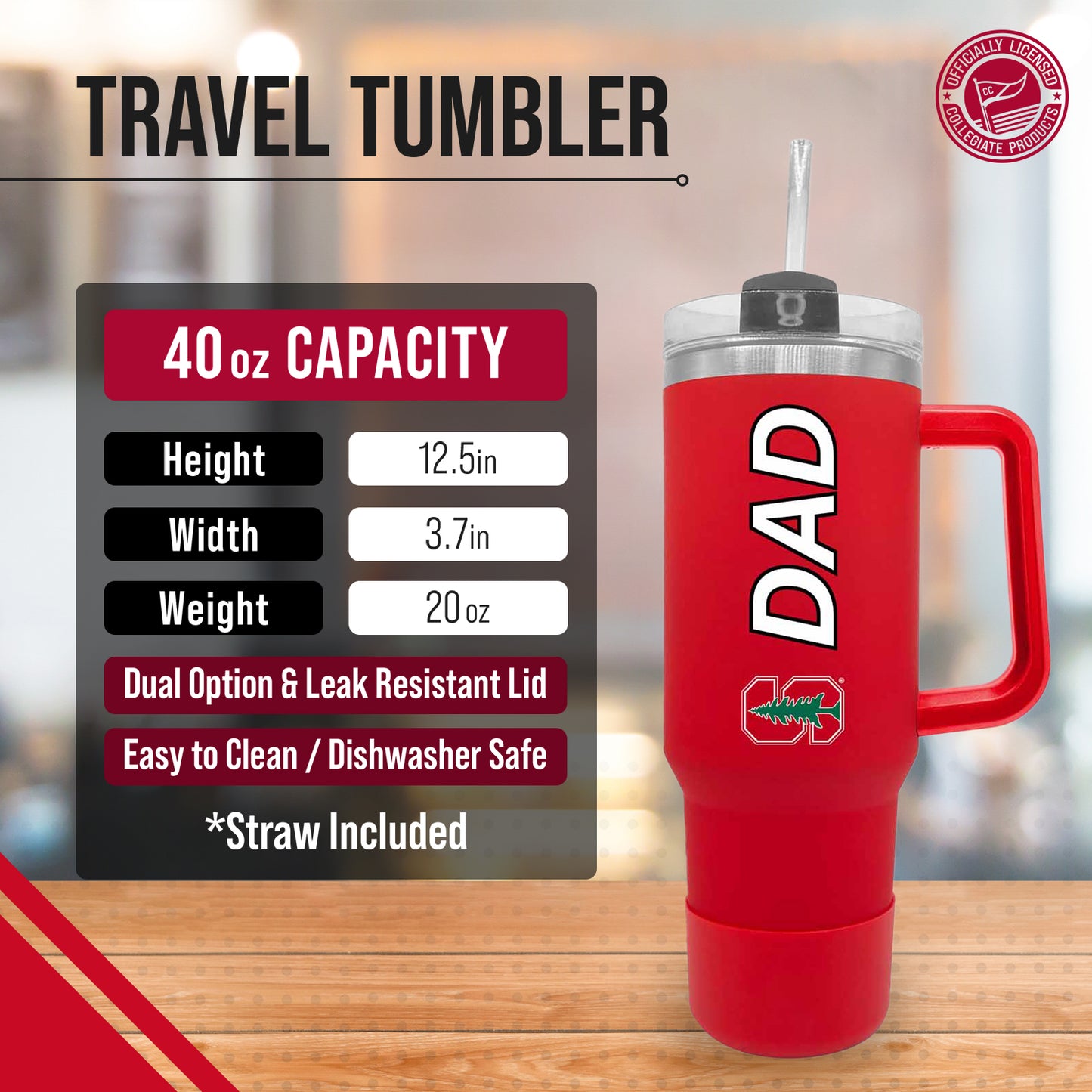 Stanford Cardinal Collegiate 40oz Stainless Steel Travel Tumbler with Handle for Dad - Cardinal