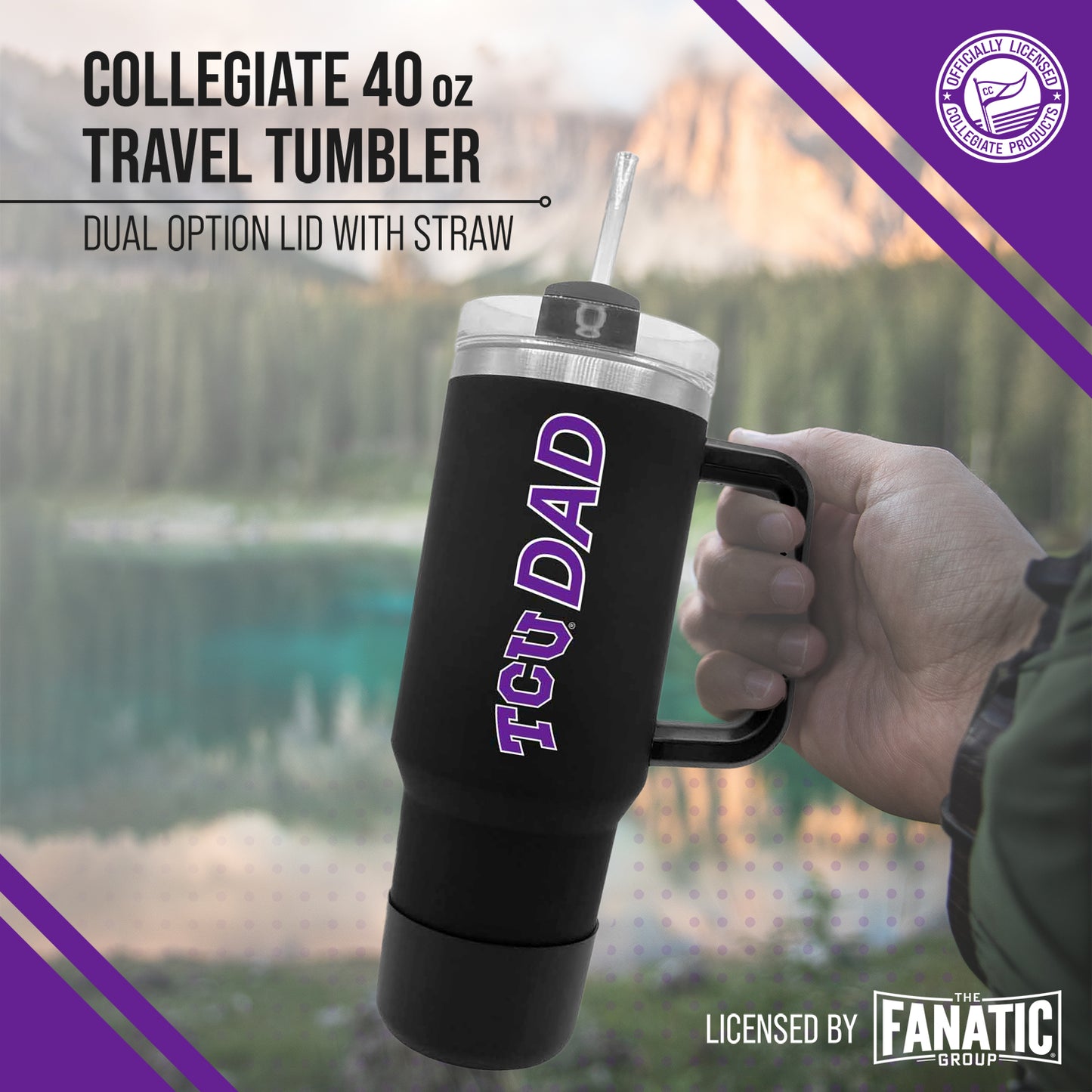 TCU Horned Frogs Collegiate 40oz Stainless Steel Travel Tumbler with Handle for Dad - Black