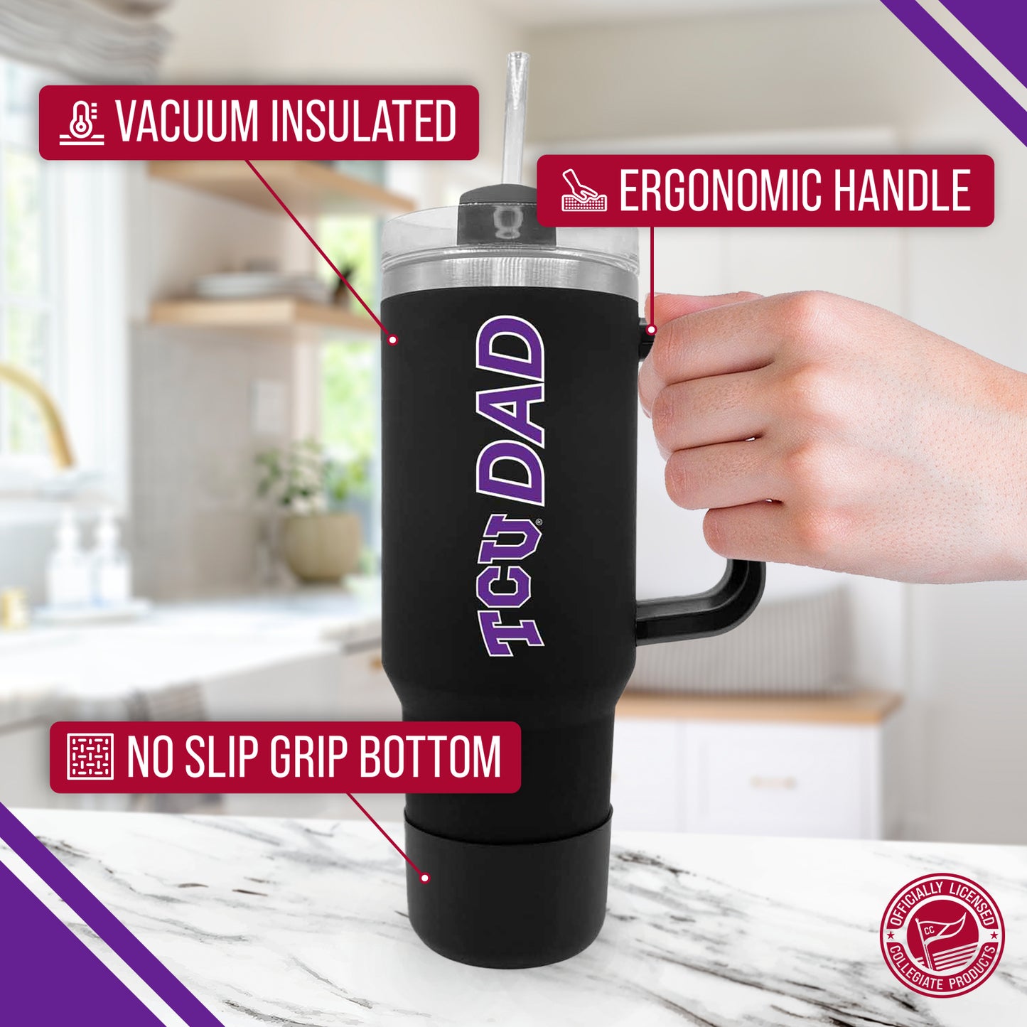 TCU Horned Frogs Collegiate 40oz Stainless Steel Travel Tumbler with Handle for Dad - Black
