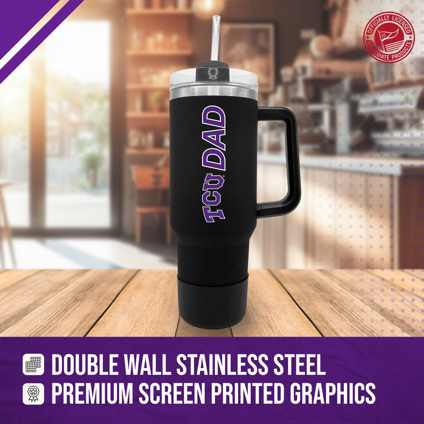 TCU Horned Frogs Collegiate 40oz Stainless Steel Travel Tumbler with Handle for Dad - Black