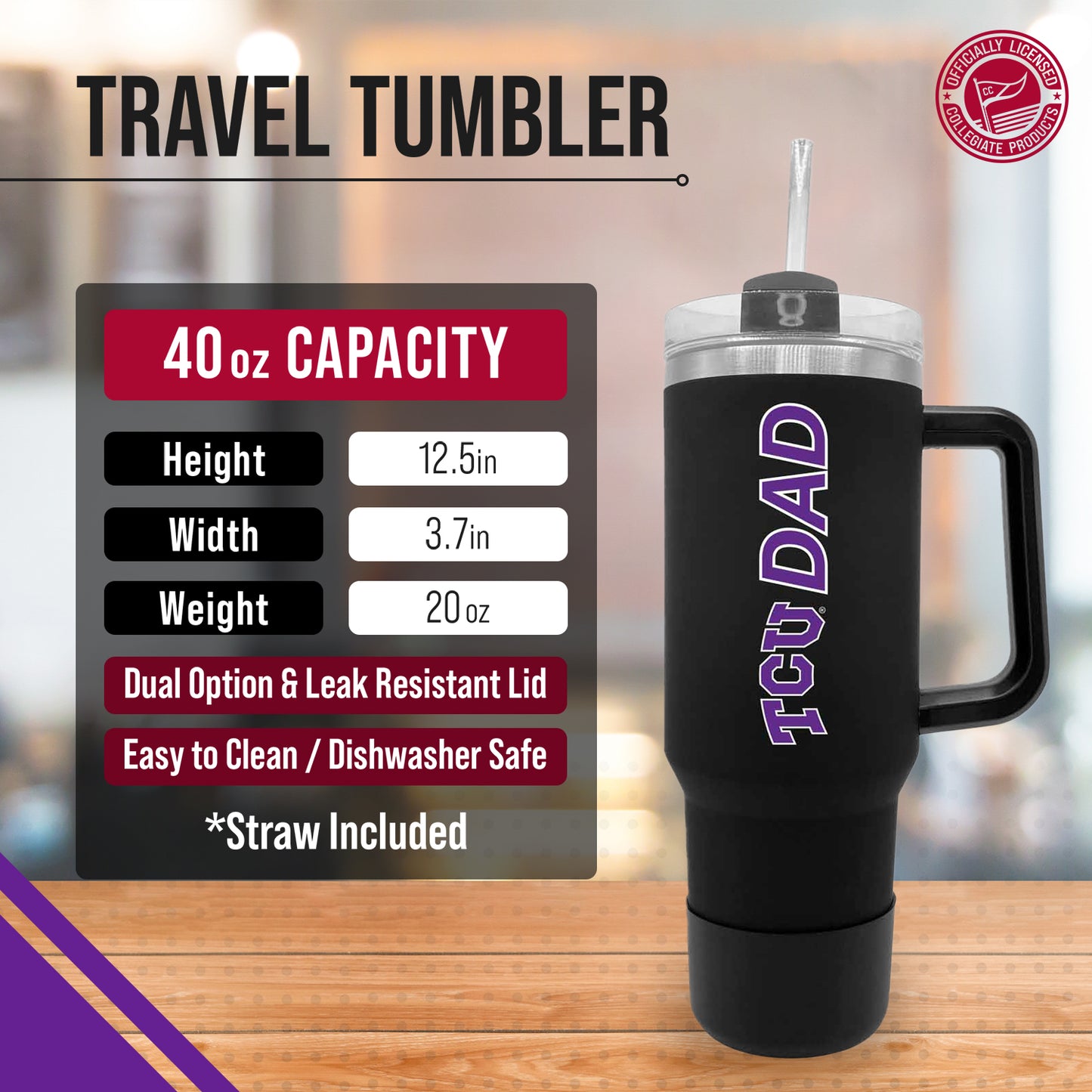 TCU Horned Frogs Collegiate 40oz Stainless Steel Travel Tumbler with Handle for Dad - Black