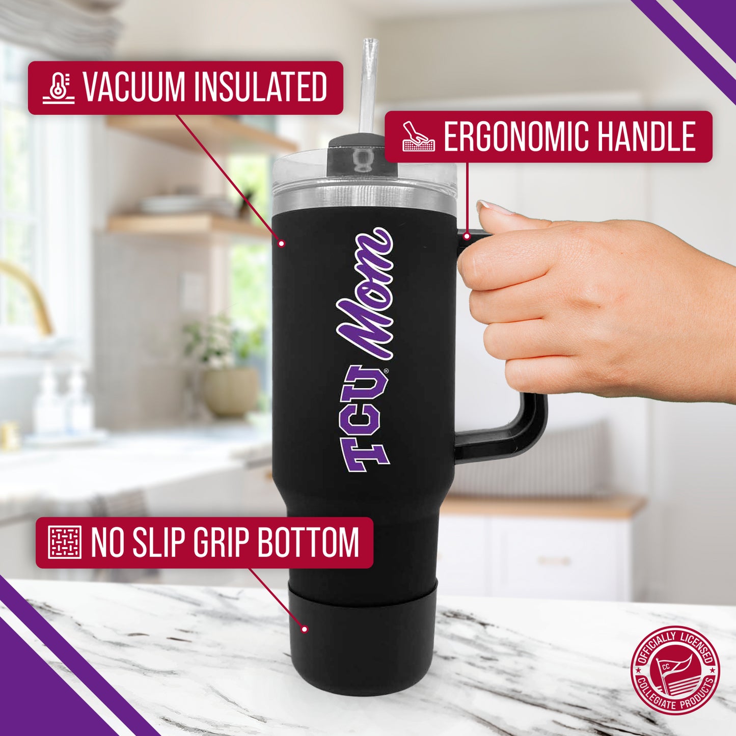 TCU Horned Frogs Collegiate 40oz Stainless Steel Travel Tumbler with Handle for Mom - Black