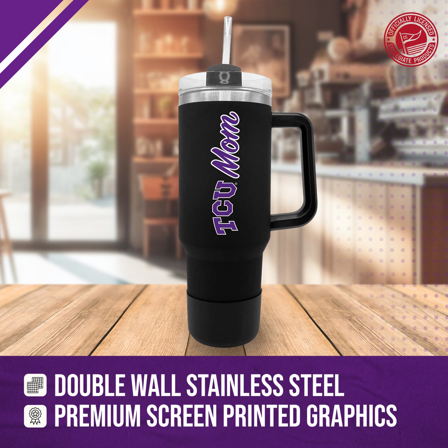 TCU Horned Frogs Collegiate 40oz Stainless Steel Travel Tumbler with Handle for Mom - Black