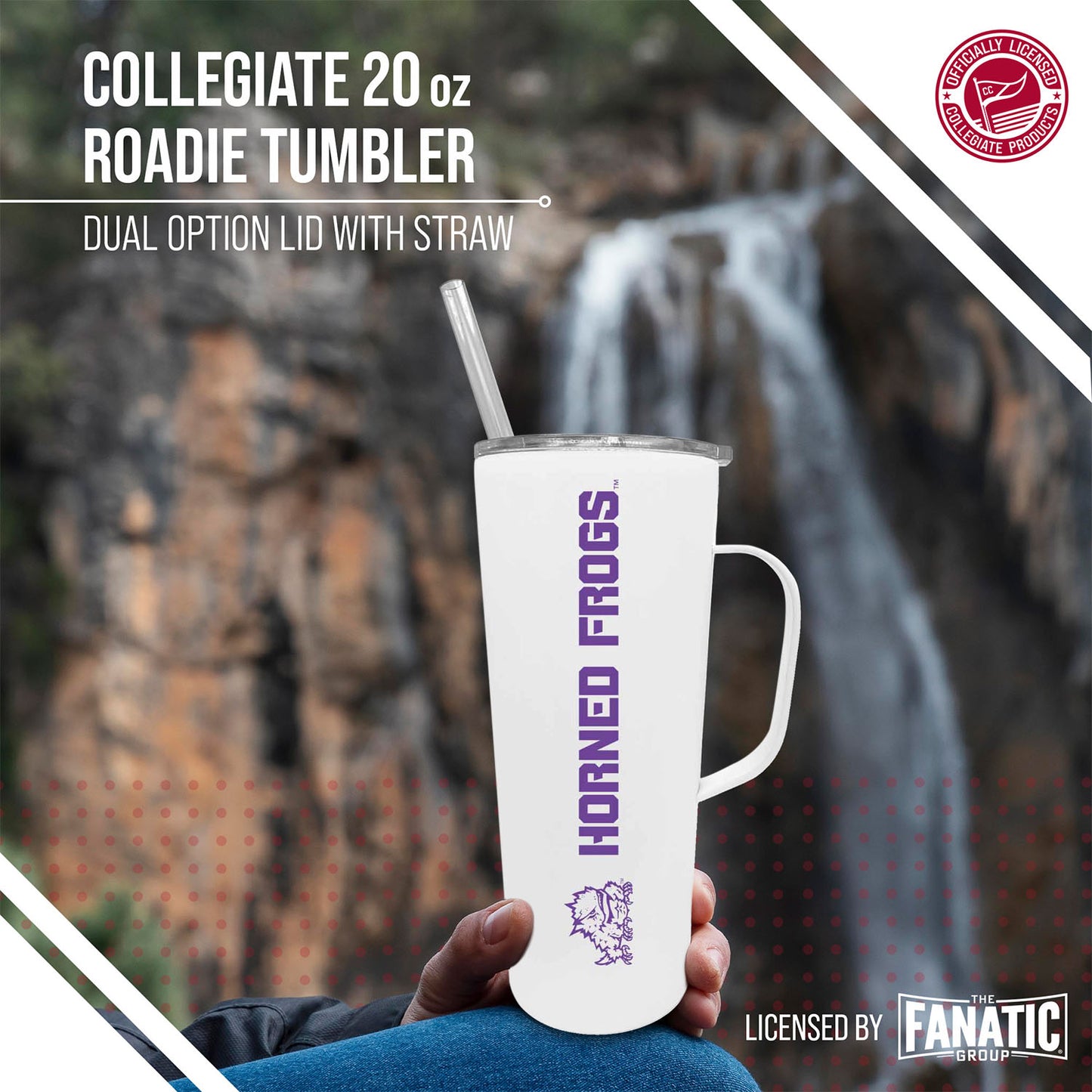TCU Horned Frogs NCAA Stainless Steel 20oz Roadie With Handle & Dual Option Lid With Straw - White