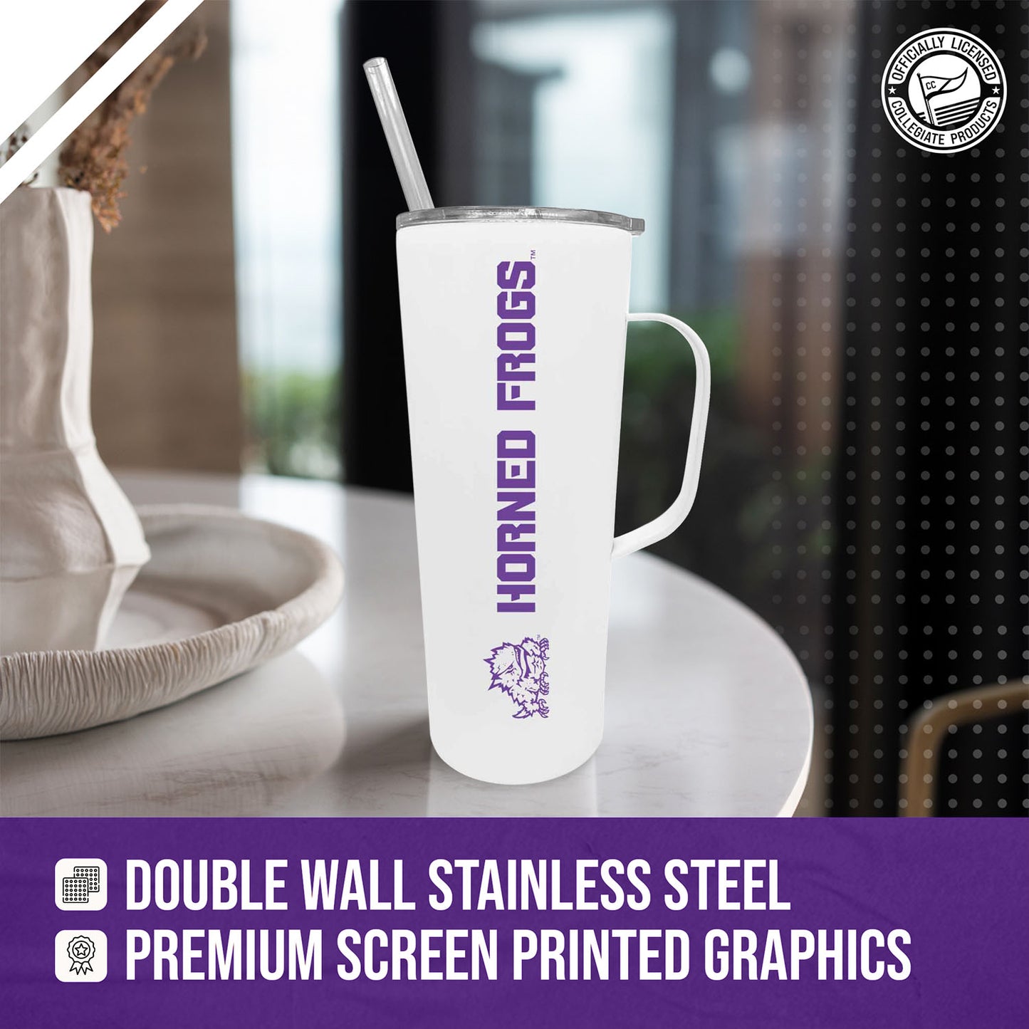 TCU Horned Frogs NCAA Stainless Steel 20oz Roadie With Handle & Dual Option Lid With Straw - White