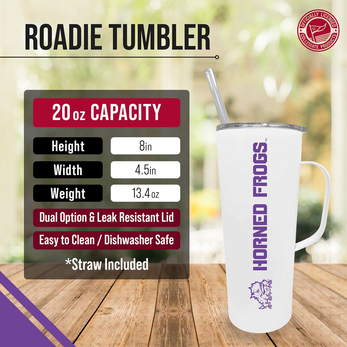 TCU Horned Frogs NCAA Stainless Steel 20oz Roadie With Handle & Dual Option Lid With Straw - White