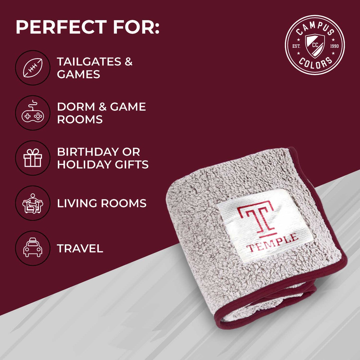 Temple Owls NCAA Silk Sherpa College Throw Blanket - Maroon