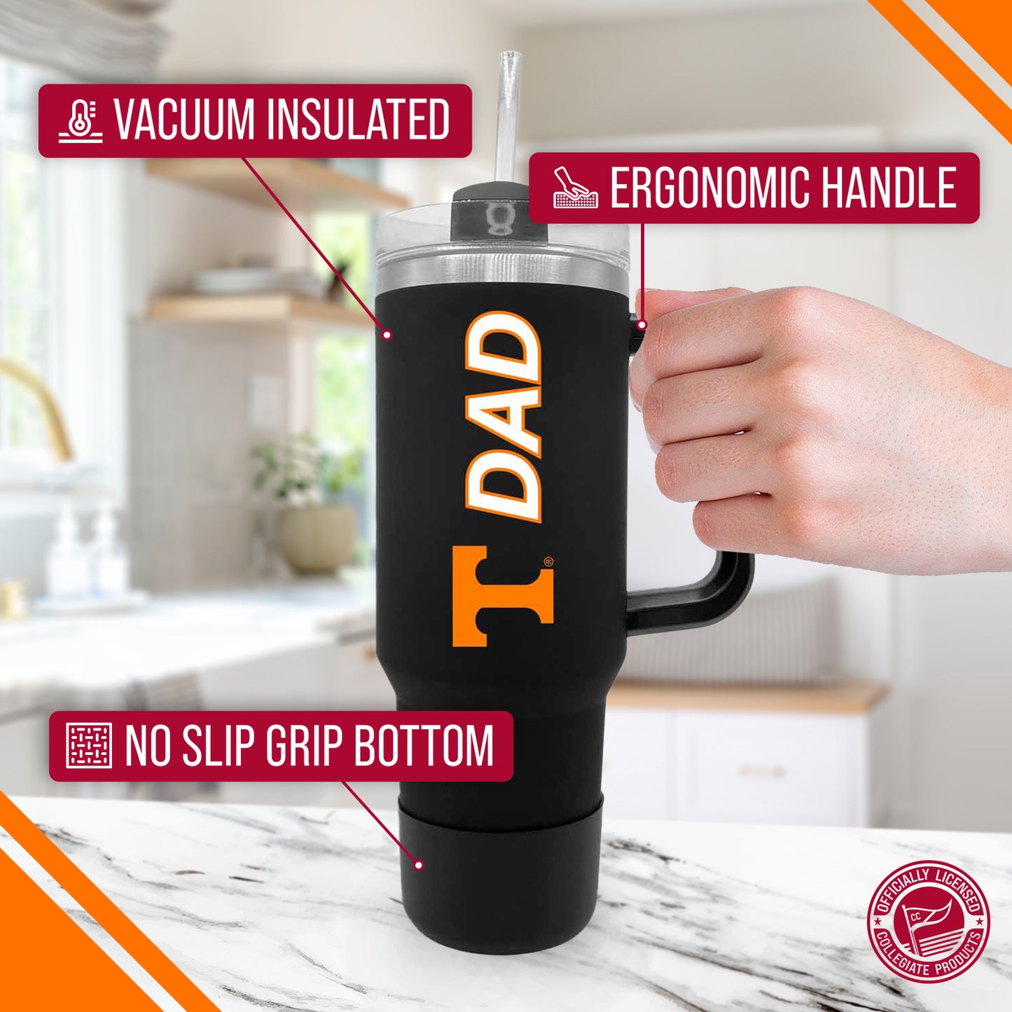 Tennessee Volunteers Collegiate 40oz Stainless Steel Travel Tumbler with Handle for Dad - Black