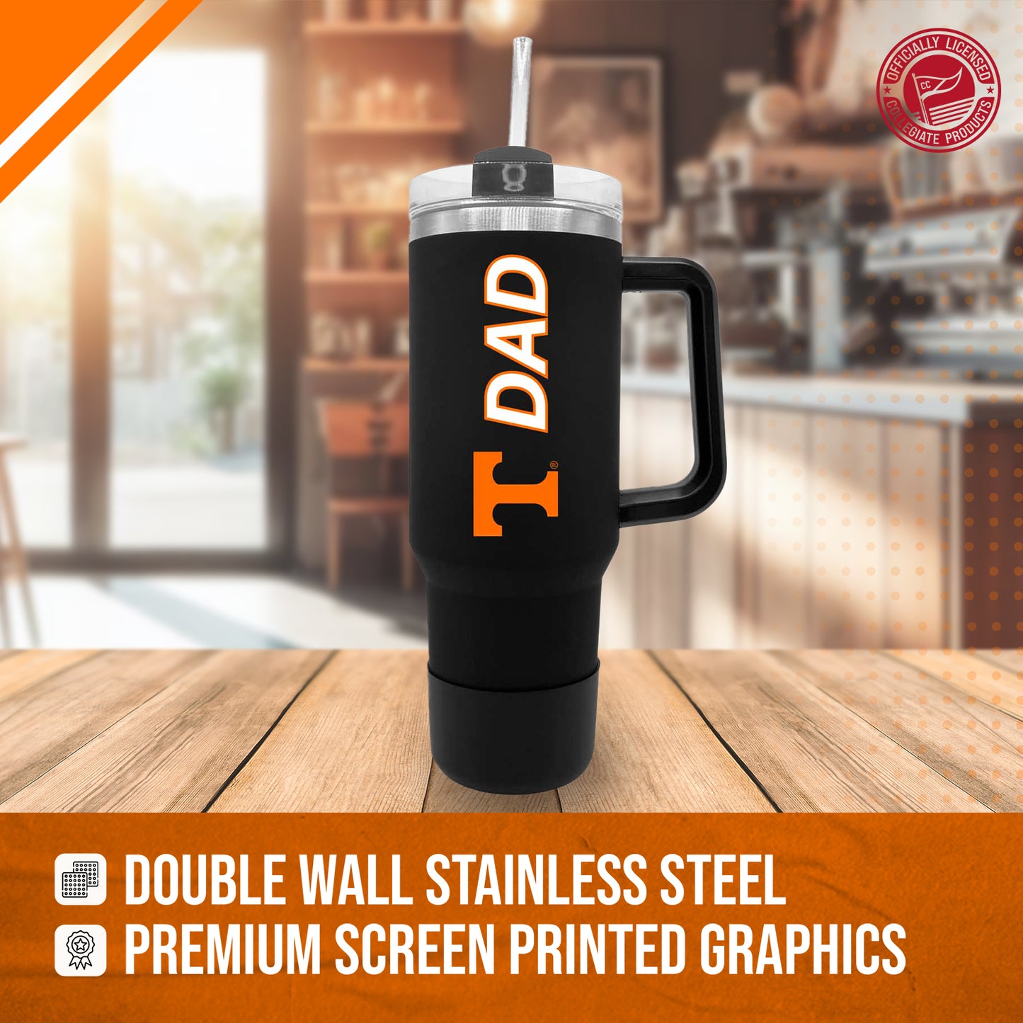 Tennessee Volunteers Collegiate 40oz Stainless Steel Travel Tumbler with Handle for Dad - Black