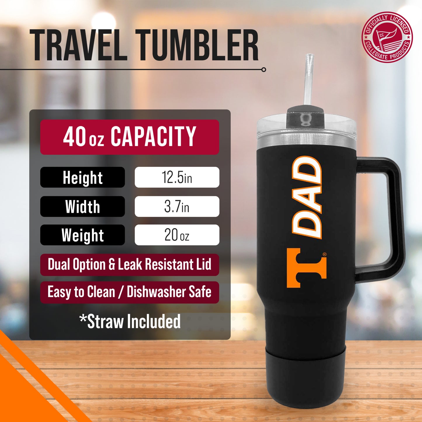 Tennessee Volunteers Collegiate 40oz Stainless Steel Travel Tumbler with Handle for Dad - Black