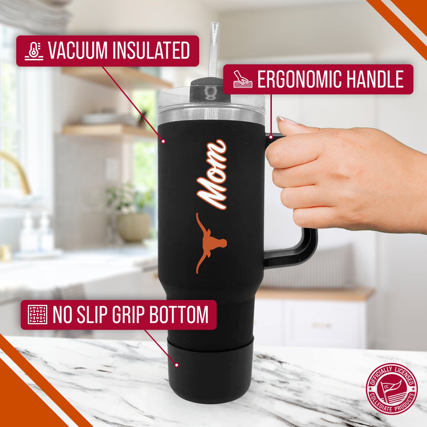 Texas Longhorns Collegiate 40oz Stainless Steel Travel Tumbler with Handle for Mom - Black