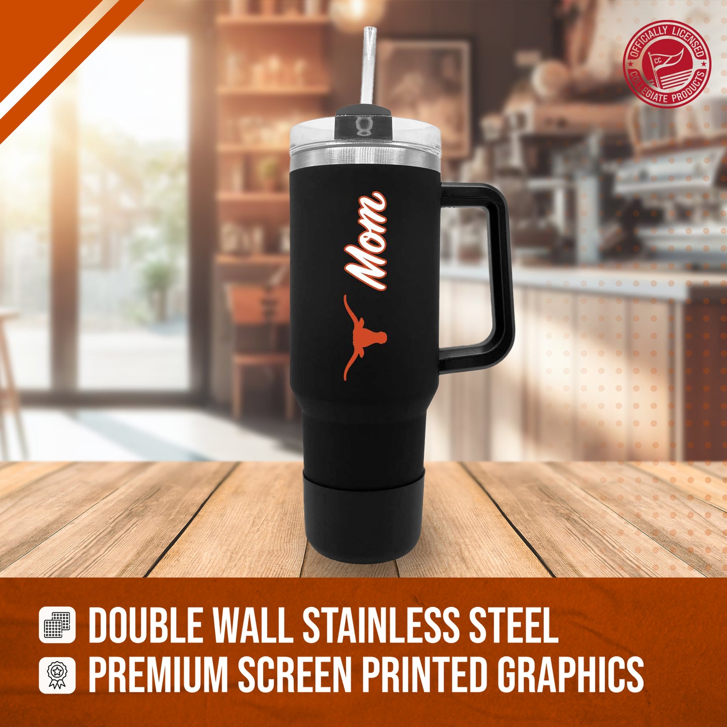 Texas Longhorns Collegiate 40oz Stainless Steel Travel Tumbler with Handle for Mom - Black