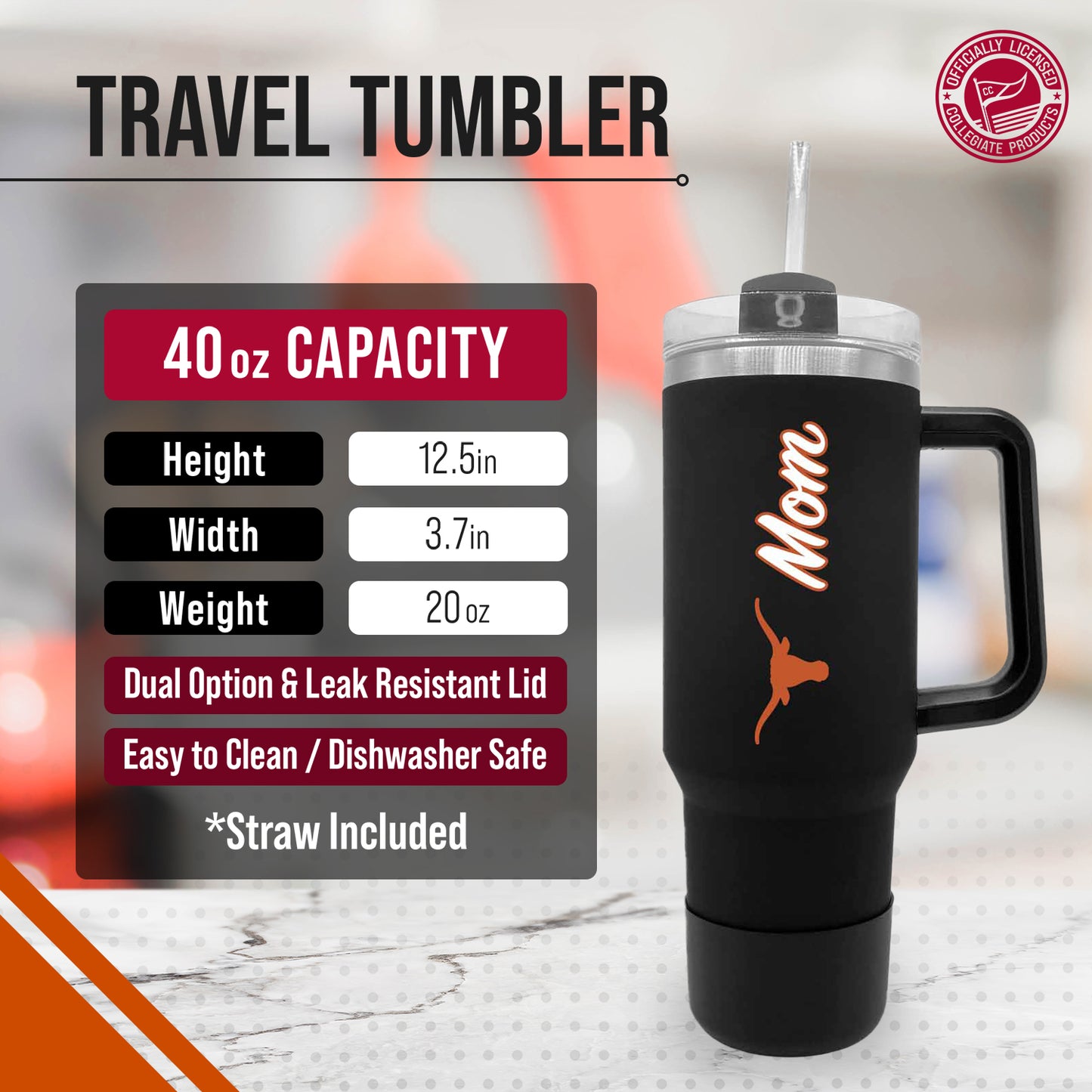 Texas Longhorns Collegiate 40oz Stainless Steel Travel Tumbler with Handle for Mom - Black