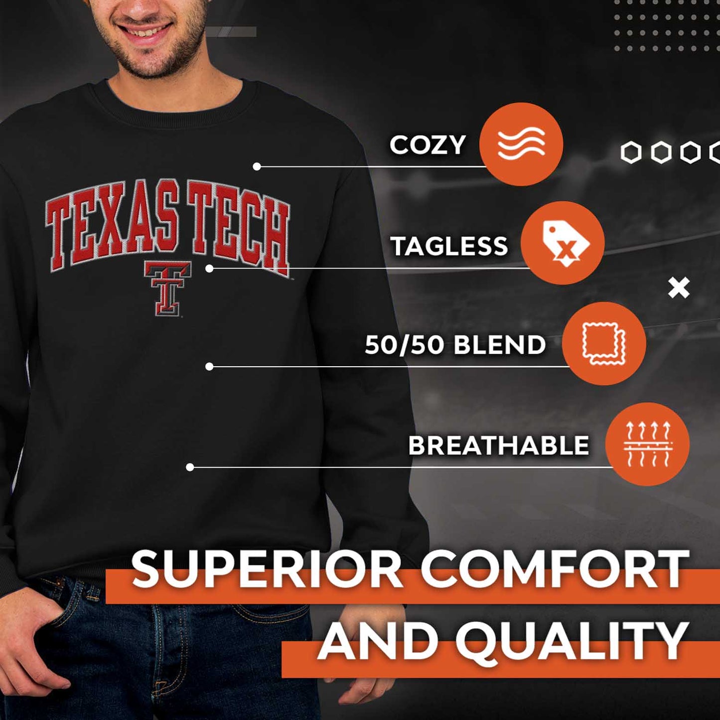 Texas Tech Red Raiders NCAA Adult Tackle Twill Crewneck Sweatshirt - Black