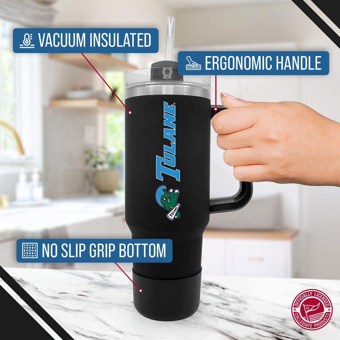 Tulane Green Wave College & University 40 oz Travel Tumbler With Handle - Black