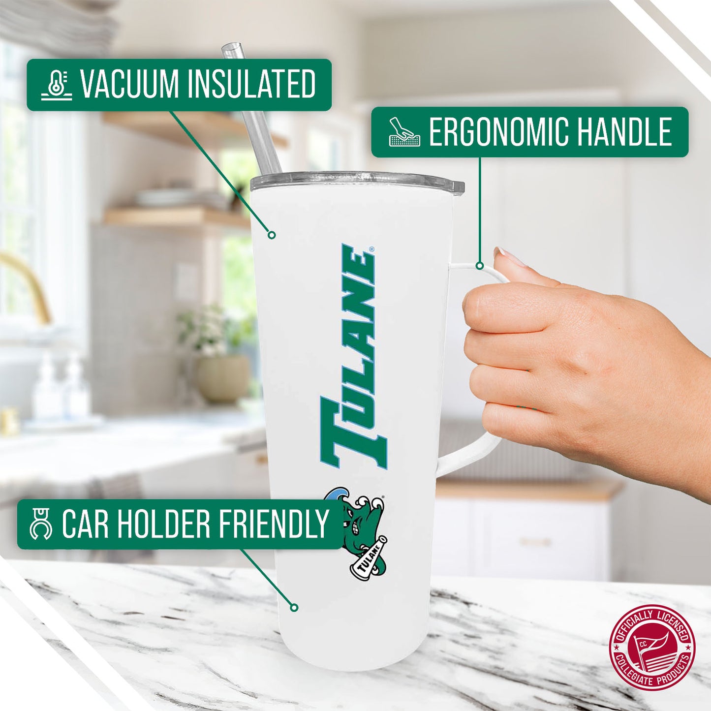 Tulane Green Wave NCAA Stainless Steel 20oz Roadie With Handle & Dual Option Lid With Straw - White