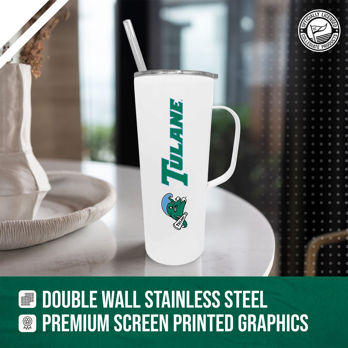 Tulane Green Wave NCAA Stainless Steel 20oz Roadie With Handle & Dual Option Lid With Straw - White
