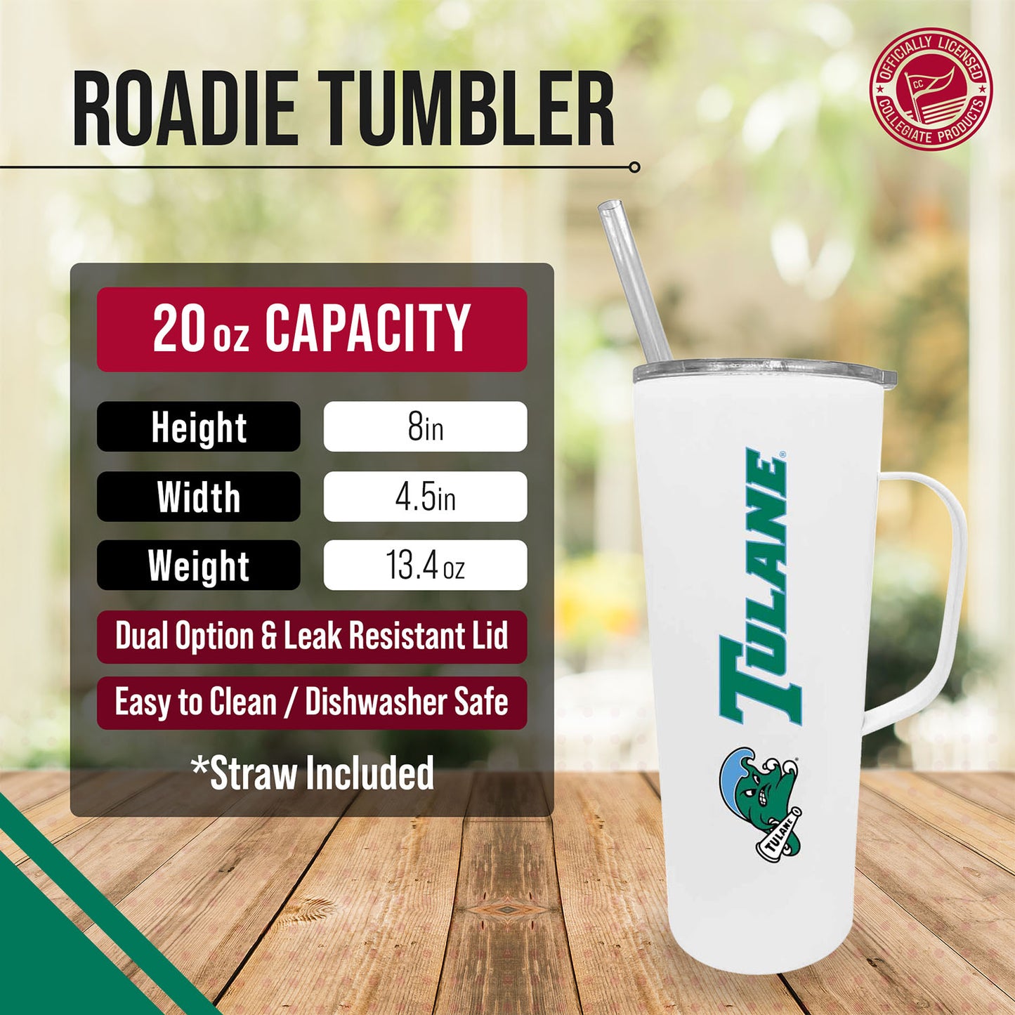 Tulane Green Wave NCAA Stainless Steel 20oz Roadie With Handle & Dual Option Lid With Straw - White