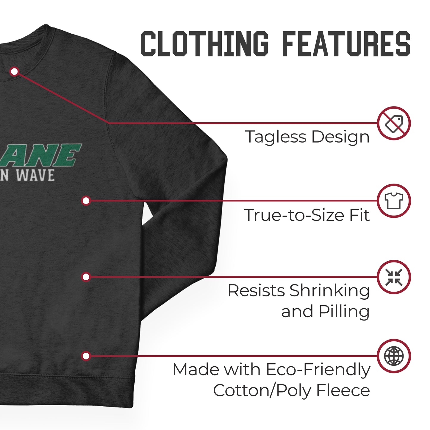 Tulane Green Wave NCAA Adult Charcoal Crewneck Fleece Sweatshirt - Charcoal