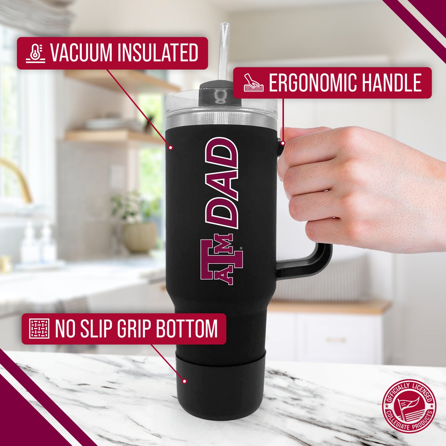 Texas A&M Aggies Collegiate 40oz Stainless Steel Travel Tumbler with Handle for Dad - Black