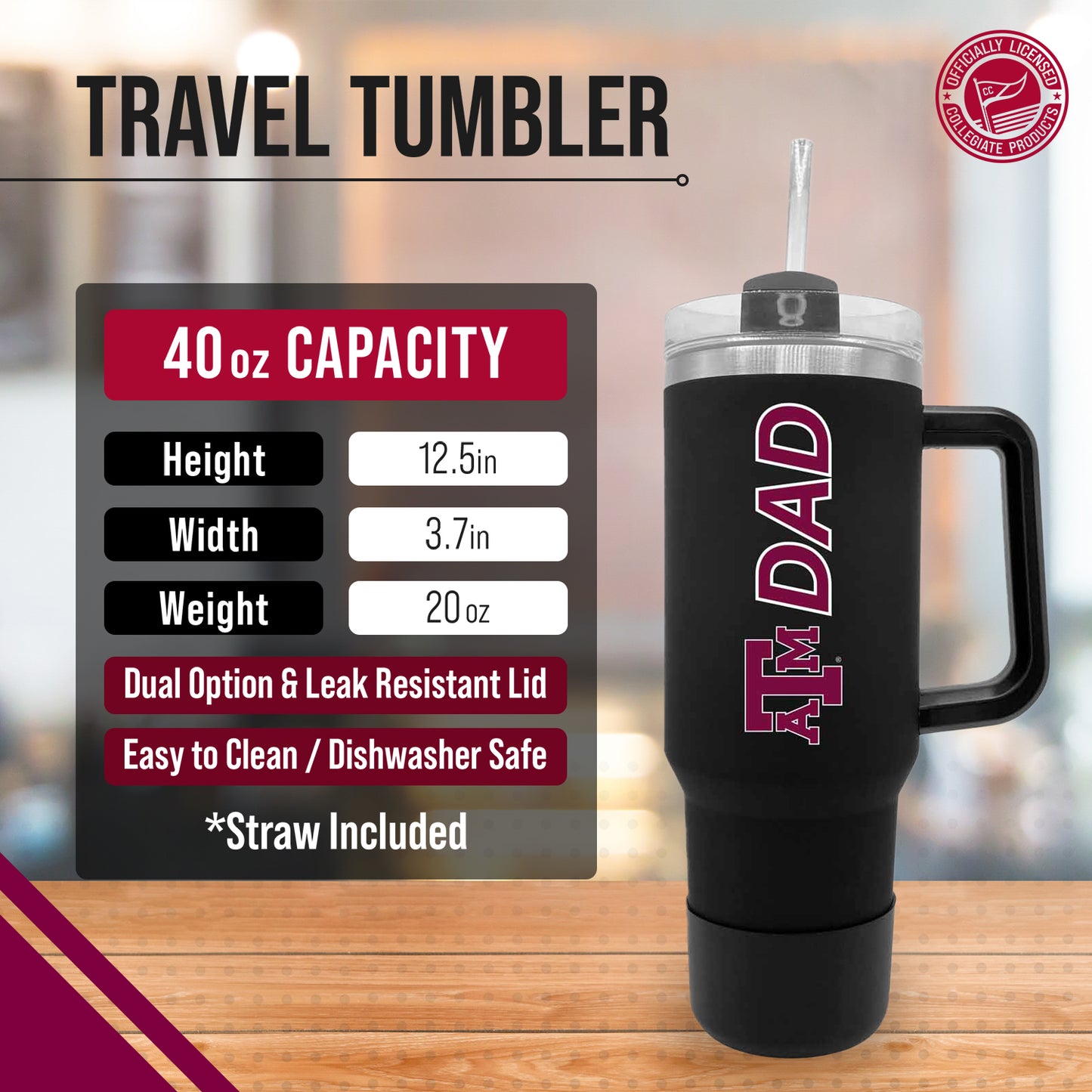 Texas A&M Aggies Collegiate 40oz Stainless Steel Travel Tumbler with Handle for Dad - Black